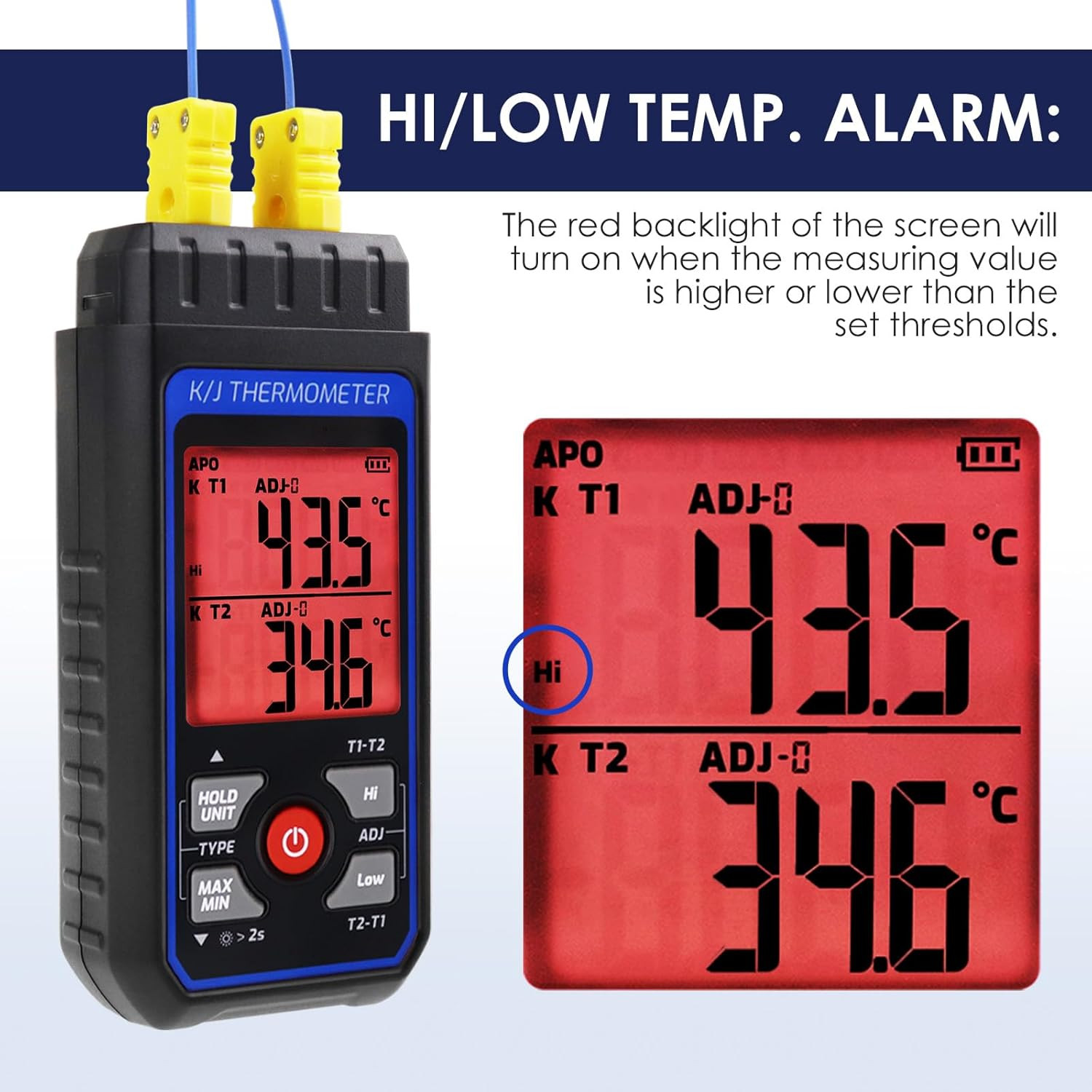 Dual-Channel K/J Thermocouple Thermometer with 4 K-Type Thermocouples -328°F ~ 2