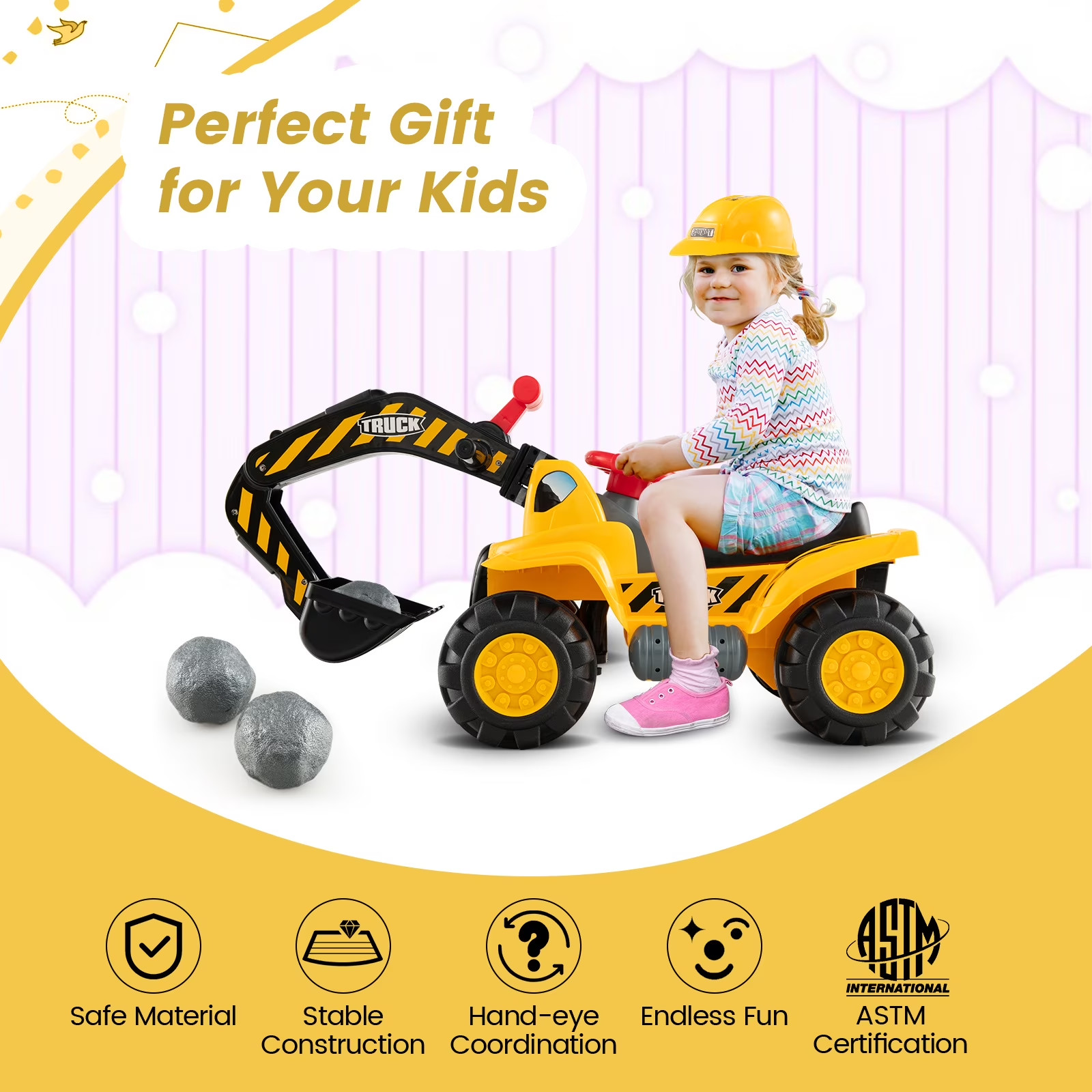 Costway Toddler Ride On Excavator Digger Truck Scooter Seat Storage w/Sound&Hel
