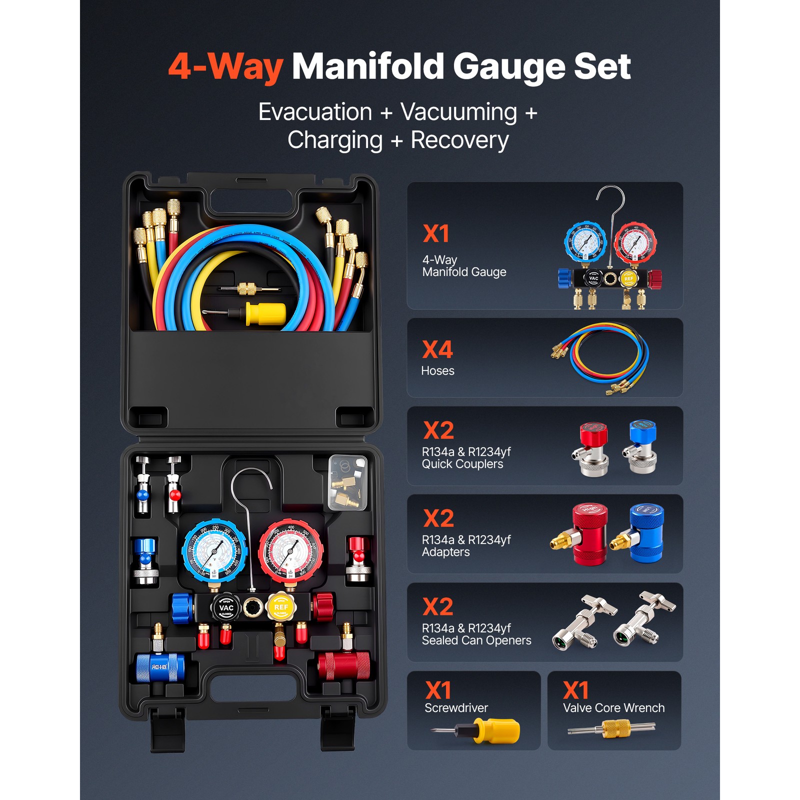 Uimoso 4-Way AC Manifold Gauge Set for R134a R404A R1234yf R22 Refrigerants