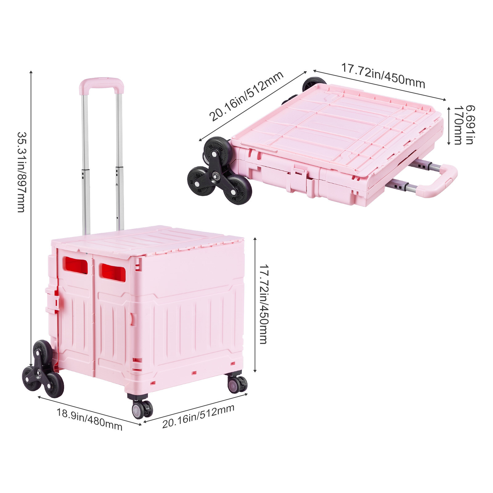 Foldable Cart with Stair Climbing Wheels Collapsible Rolling Crate 65L