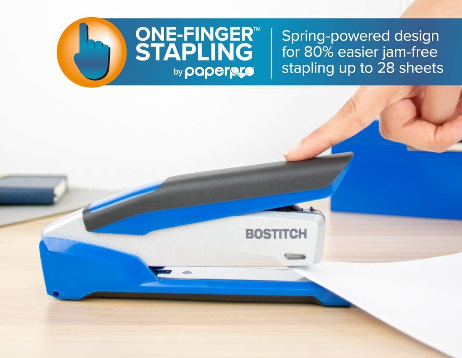 Office Stapler Blue Silver One Finger Heavy Duty Desktop Paper Tacker No Jam