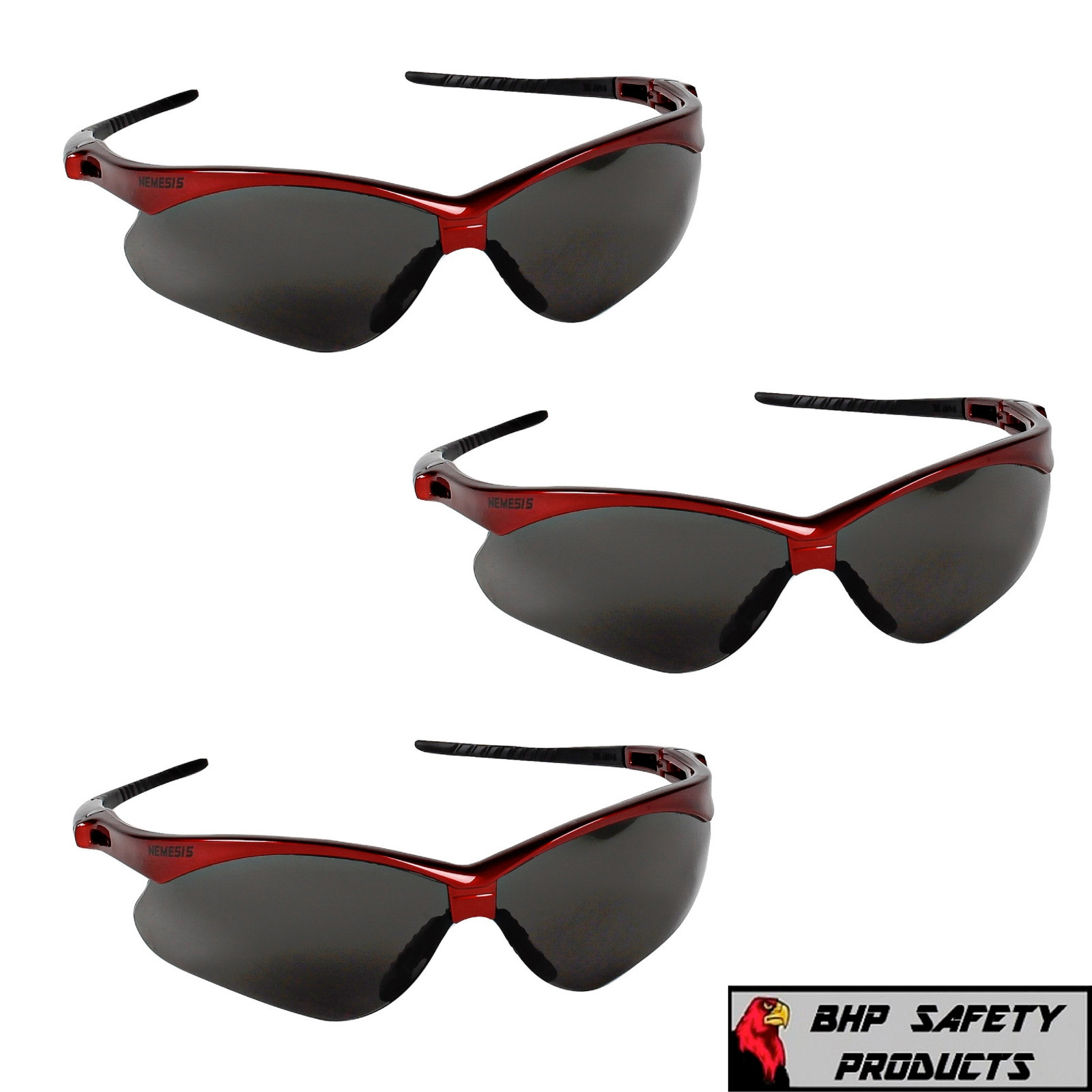 3 PAIR KLEENGUARD NEMESIS SAFETY GLASSES SMOKE LENS W/RED FRAME SUNGLASSES 22611