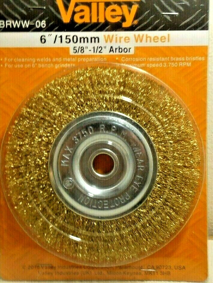 WIRE WHEEL BRUSH 6″ INCH x 1/2-5/8″ ARBOR WIRE BRISTLES BRASS COATED