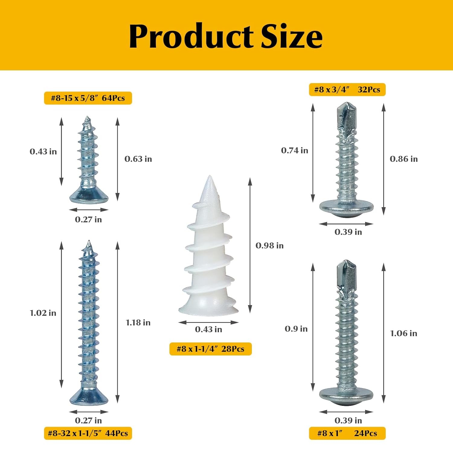 192Pcs Self Tapping Screws Drywall Anchors and Sheet Metal Screw Assortment,4 Si