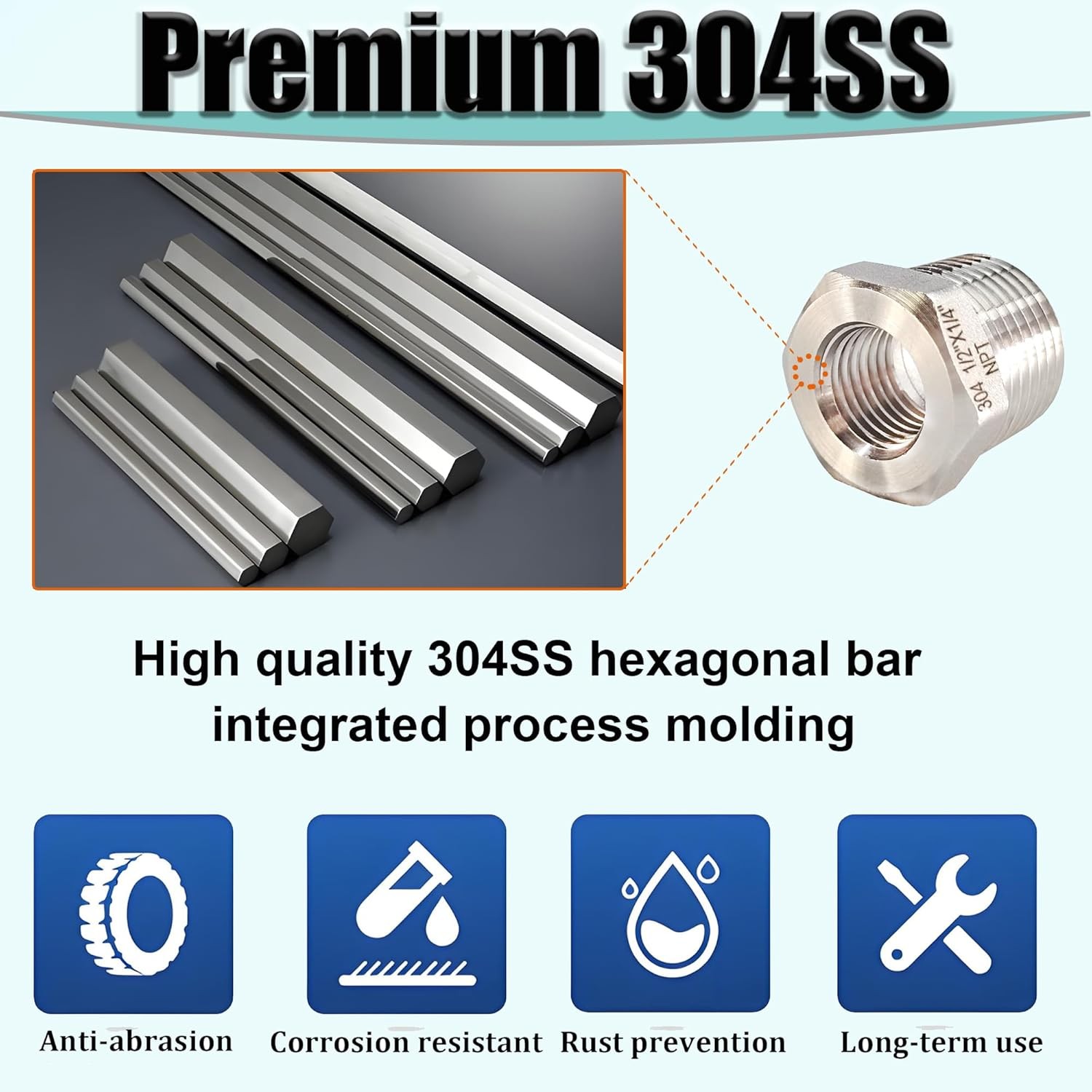 3/4″ NPT Male to 1/4″ Female Hex Bushing Reducer, 304 3/4” x 1/4”, 304ss