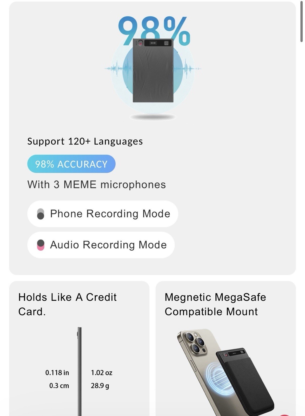 Mobvoi TicNote AI Voice Recorder 64GB AI Transcription Translation MagSafe