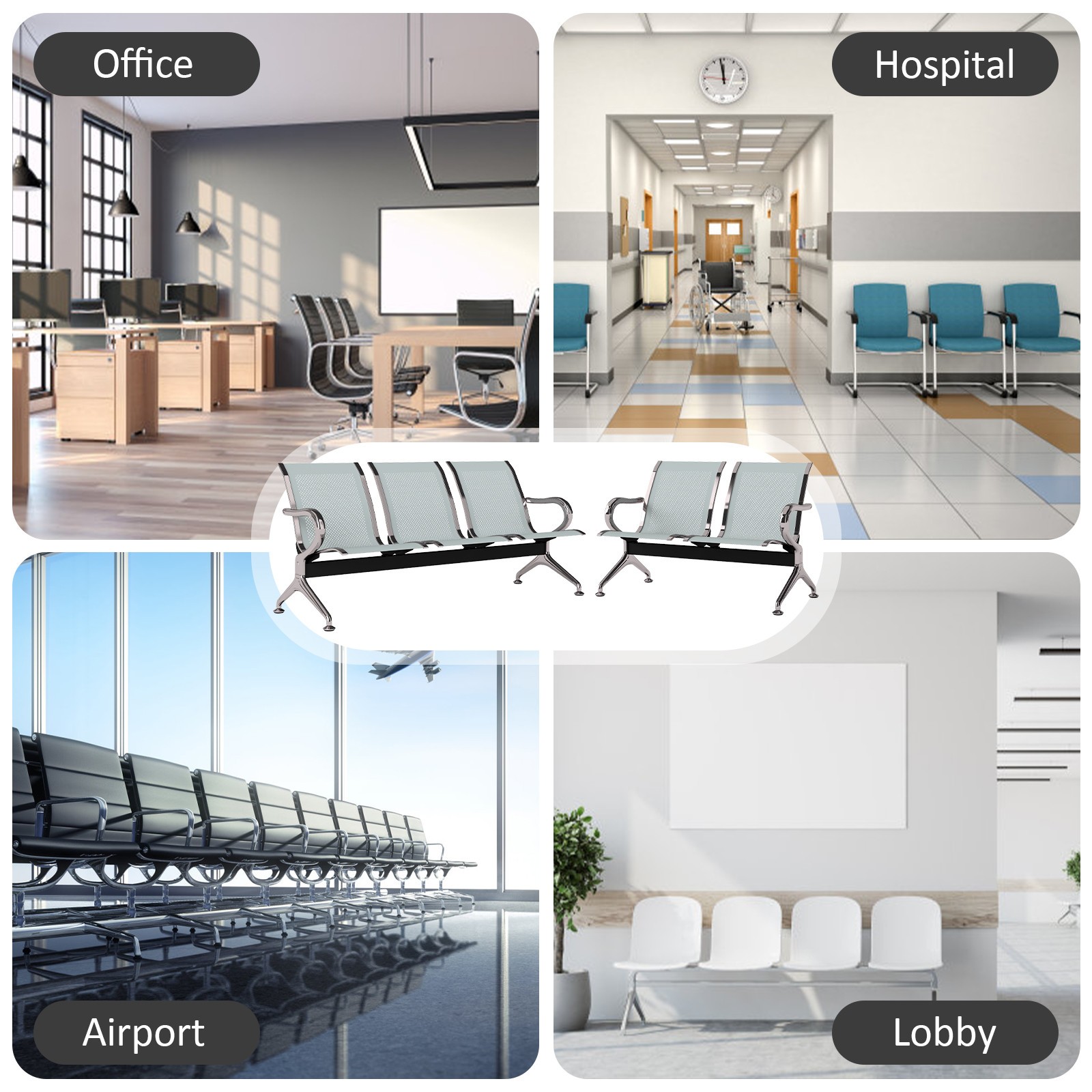 8-Seater Waiting Room Chairs Set Office Guest Reception Benches for Lobby Sliver