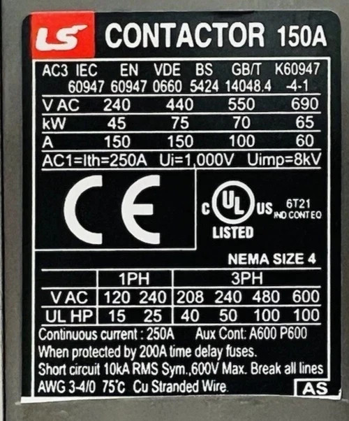 Metasol MC-150a 150A 3P 50HP@230V 100HP@460V 3PH Contactor-24VDC Coil SAME DAY S