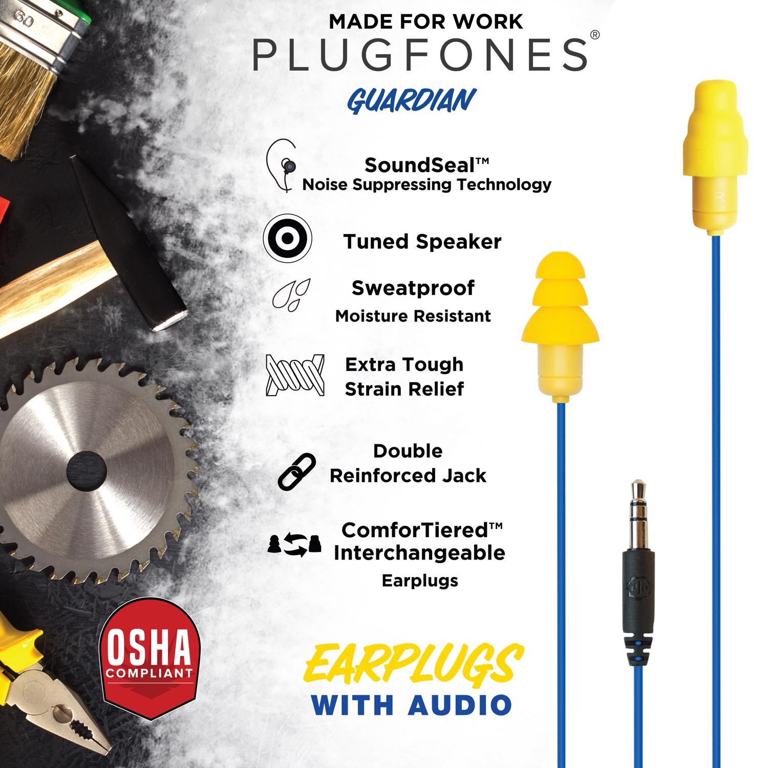 Plugfones Guardian Earplug / Earbud Hybrid – Blue Cable and Yellow Plugs