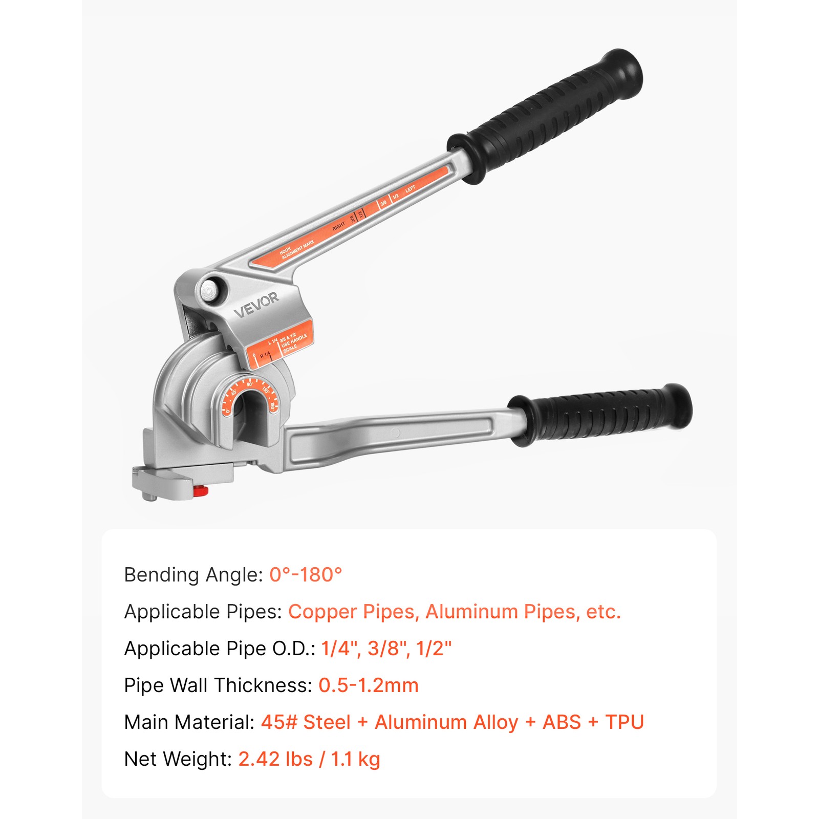 VEVOR 3 in 1 Pipe Tube Bender for 1/4″, 3/8″, 1/2″ (12.7mm) O.D. 0-180° Bending