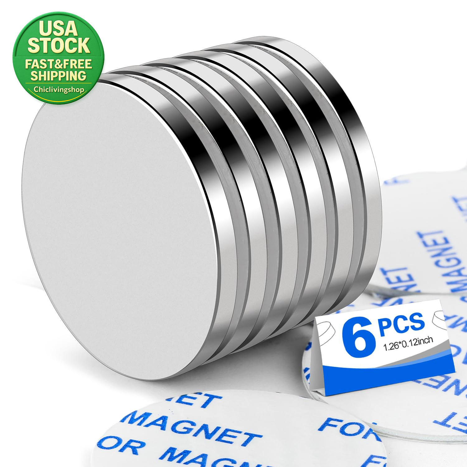 Neodymium Disc Magnets 1.26 Inch Diameter Rare Earth Strong Adhesive 6 Pack