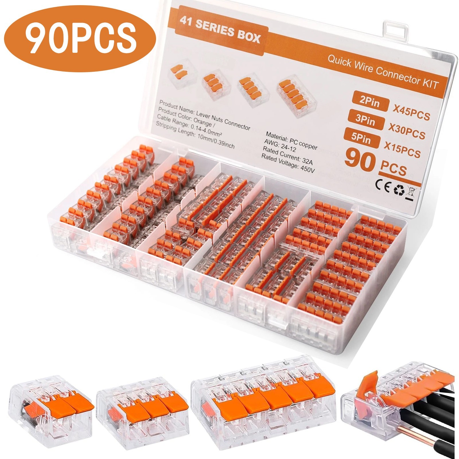 90Pcs For Wago 221 Lever Nuts Compact Splicing Wire Connectors – 2/3/5 Terminal