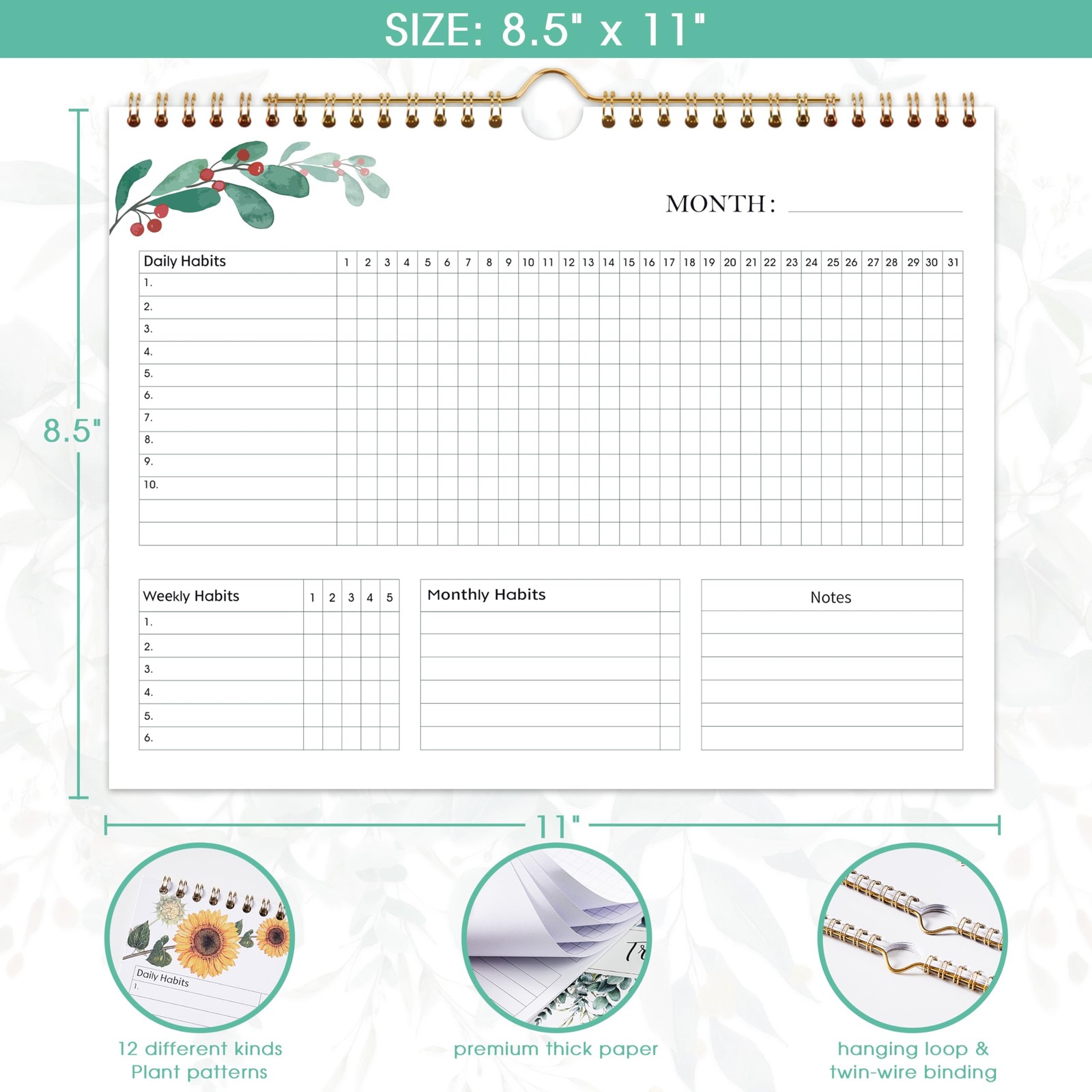 Habit Tracker Calendar – 12 Months Undated Daily Planner, 8″x10″, Weekly & Mo…