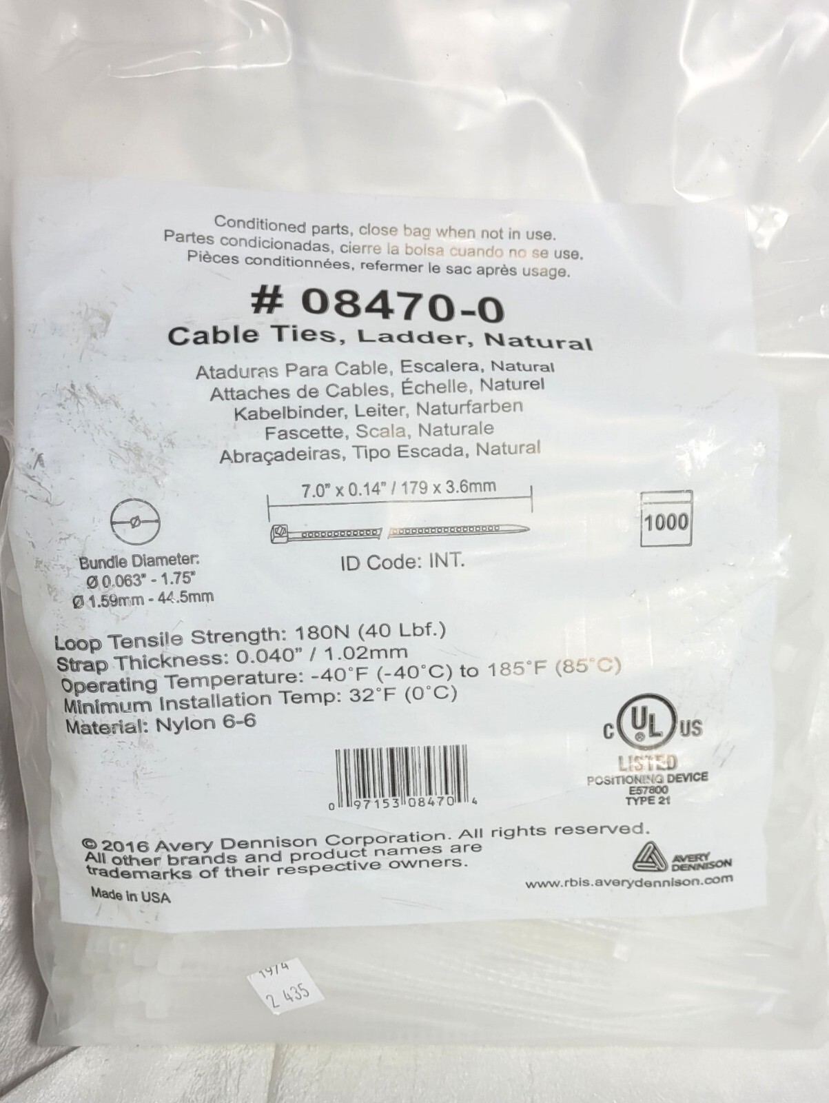 1,000 Avery Dennison Nylon Ladder Cable Ties #08470-0 Natural 7″ x 0.14″ 40lb