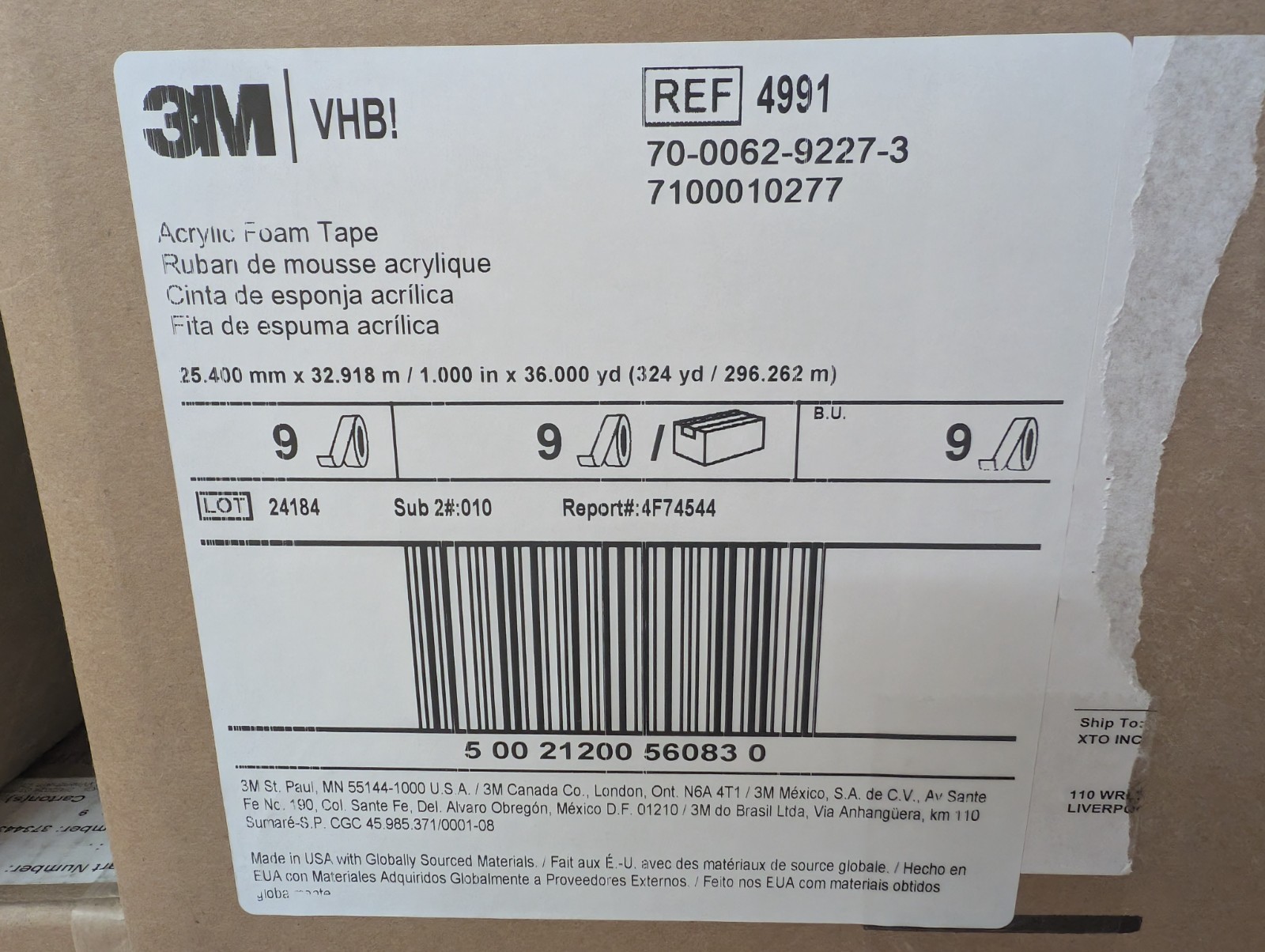 New, 3M, 4991, VHB Double-Sided Acrylic Foam Tape – 1in x 36 yd
