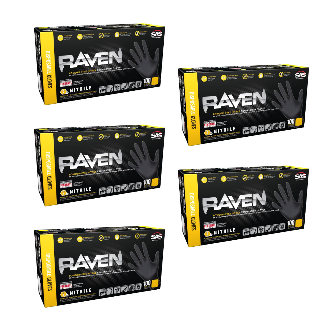SAS Raven Black Nitrile Gloves Powder Free 7mil BUNDLE OF 5 (100 Gloves/Box) XL