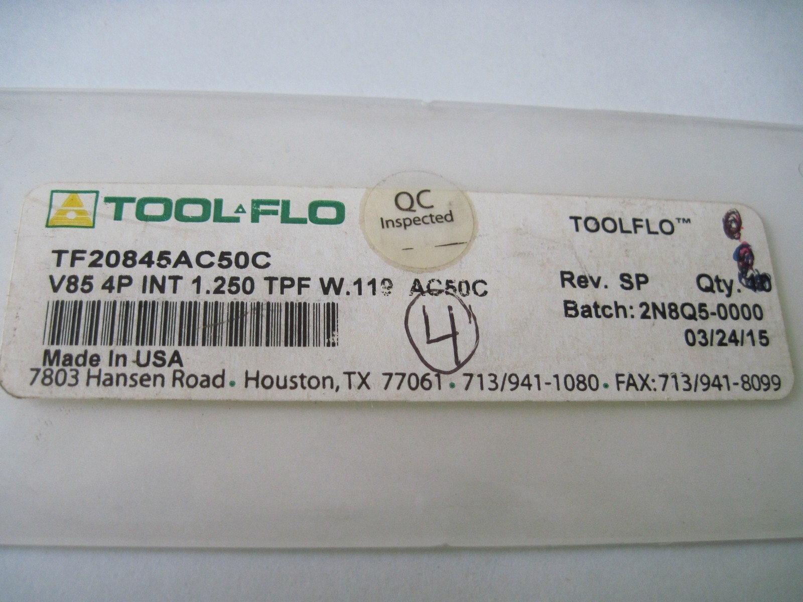 (Qty 4) Tool-Flo TF20845AC50C Carbide Inserts TF20845 AC50C V85 4P INT 1.250 TPF