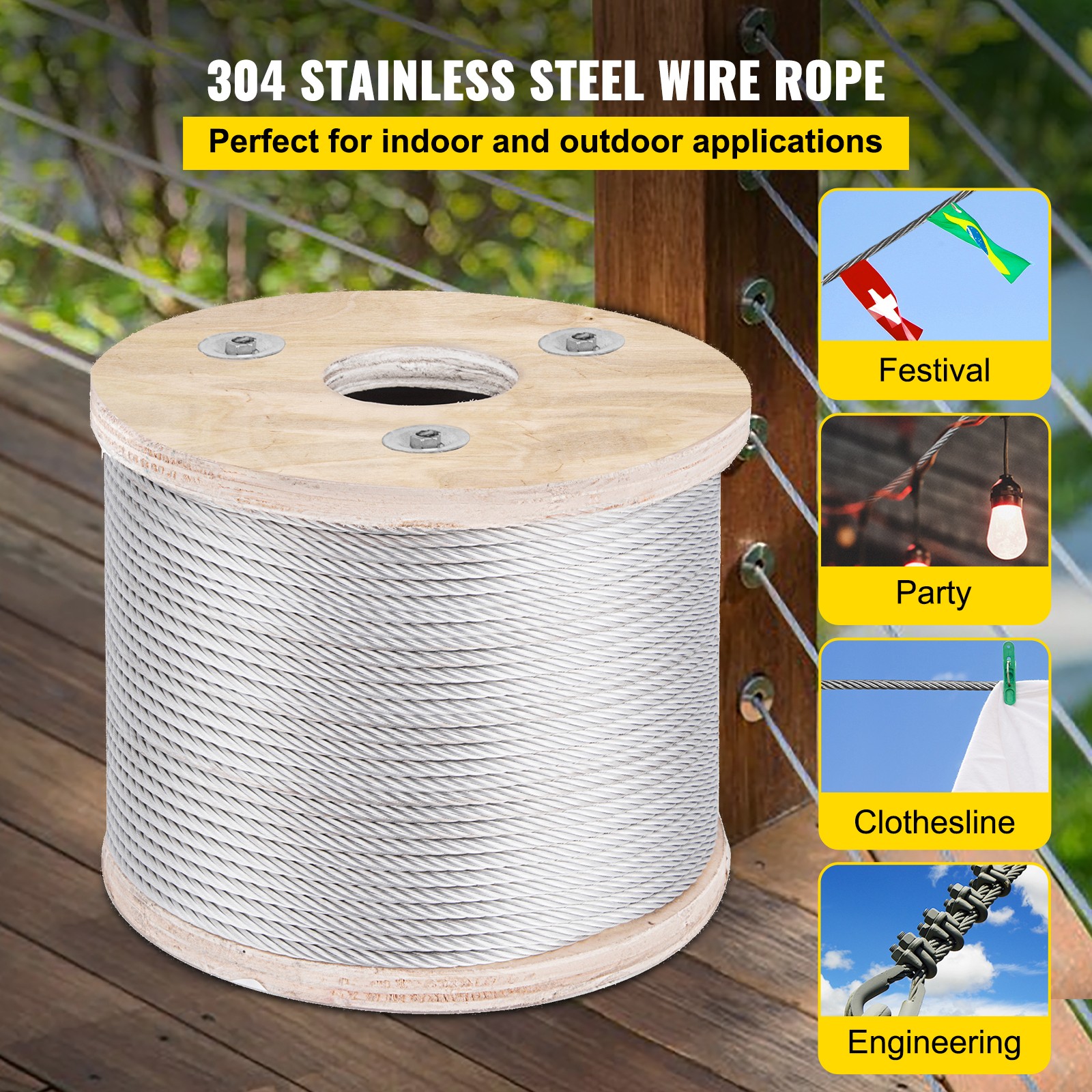 VEVOR T304 3/16″ Stainless Steel Cable Wire Rope 7×19 250FT Railing Kit