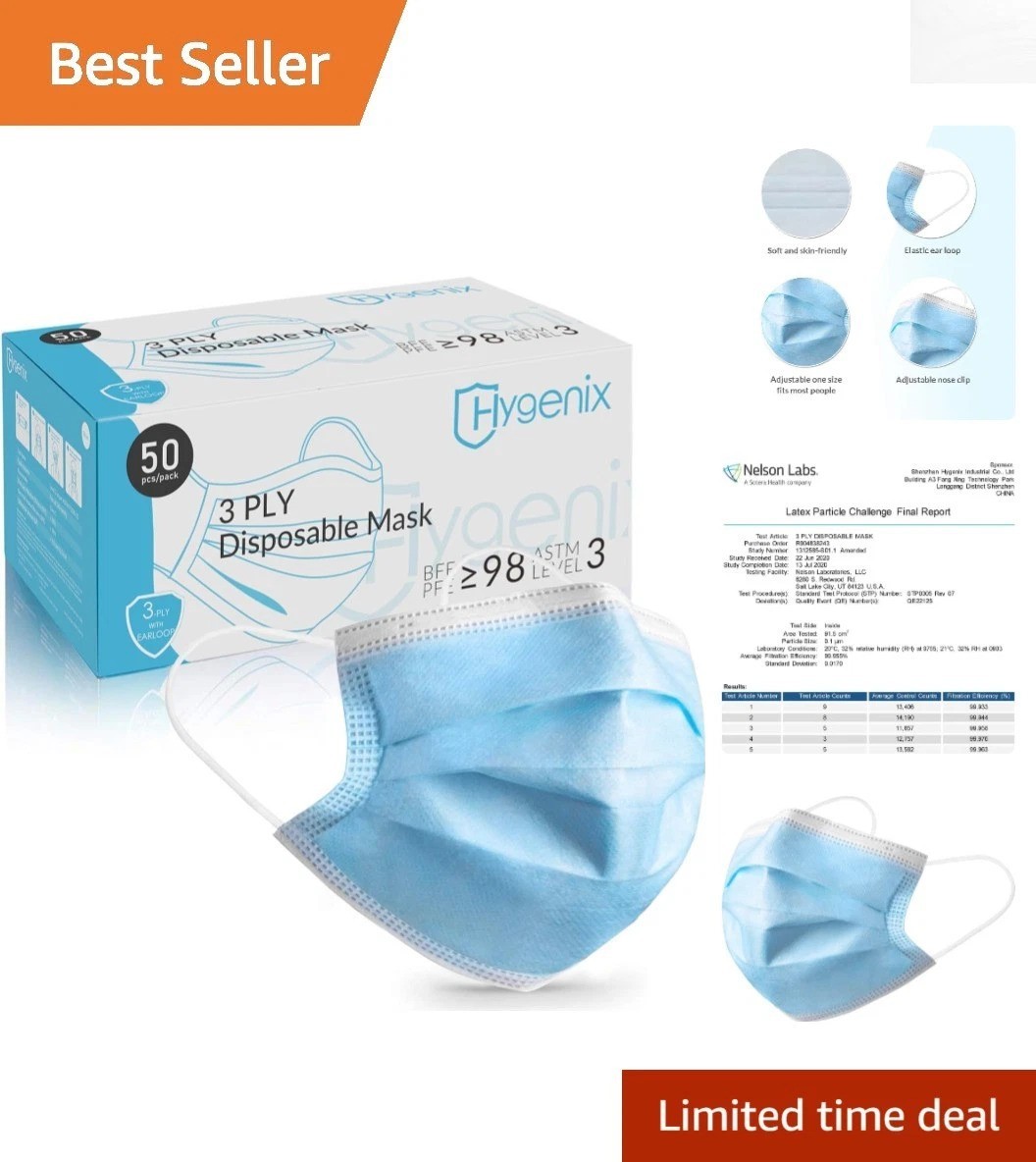 3-Ply Ear Loop Face Masks for Adults – 50 Count, High Filtration, Made in USA