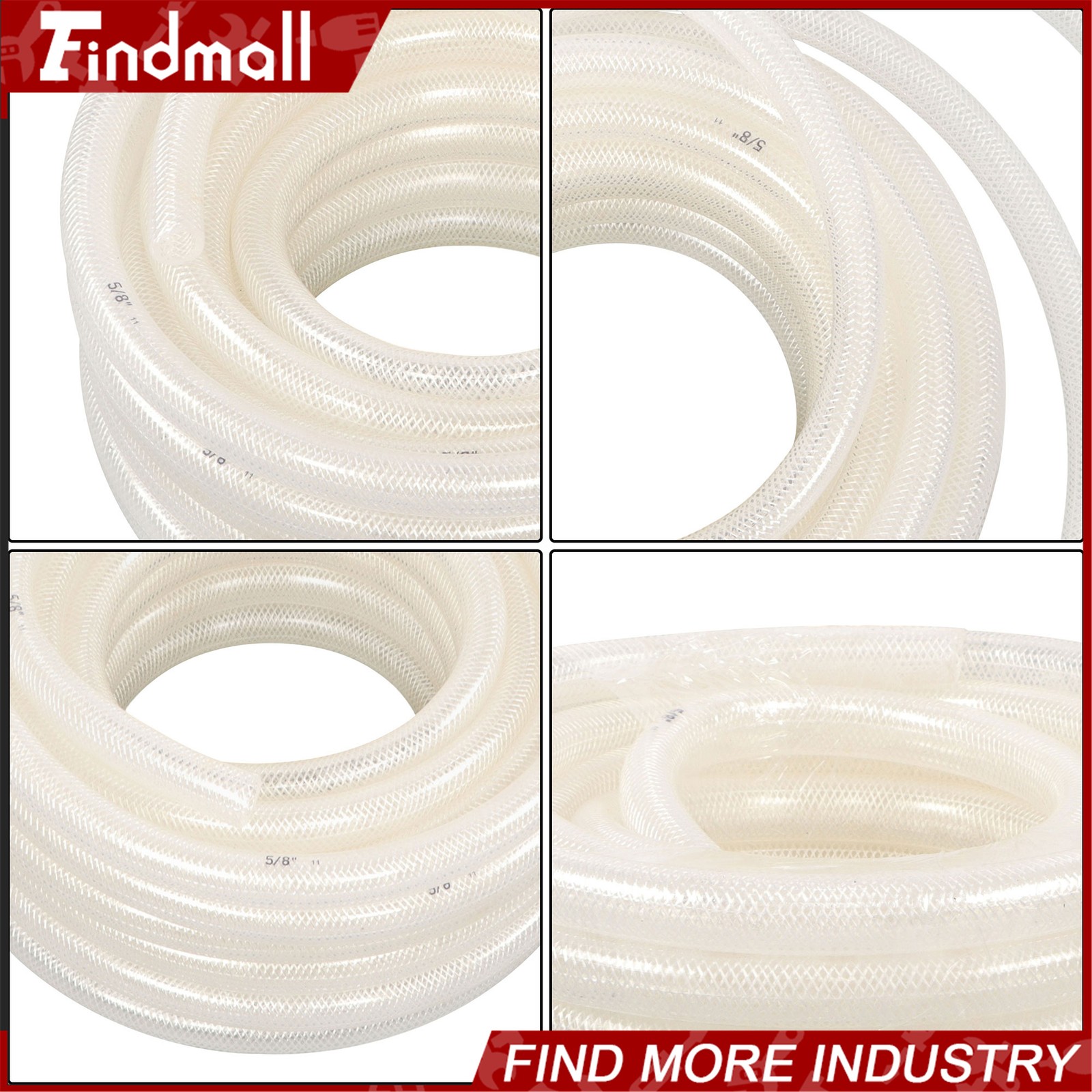 Findmall 50ft 5/8’’ ID × 7/8’’ OD Clear Braided PVC Hose High Pressure