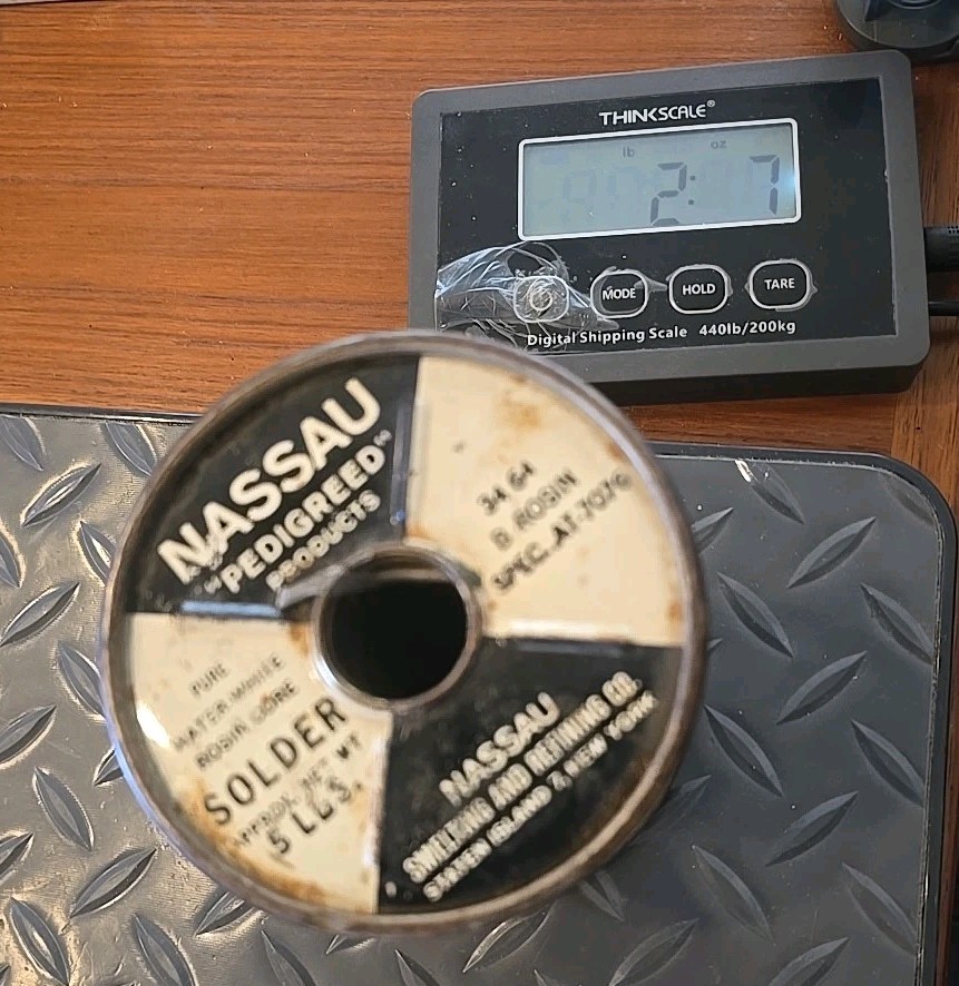 5 Ib. ROLL NASSAU SPEC AT 7076 PURE WATER WW ROSIN CORE SOLDER 34 64 2LB. 7 OZ.