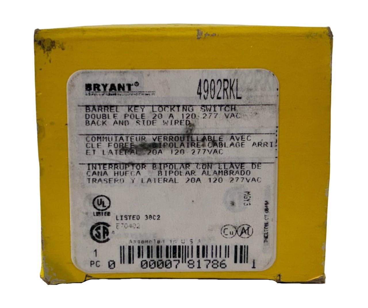 Bryant 4902RKL Barrel Key Locking Switch 20A 120/277V 2‑Pole Back/Side Wired Ind