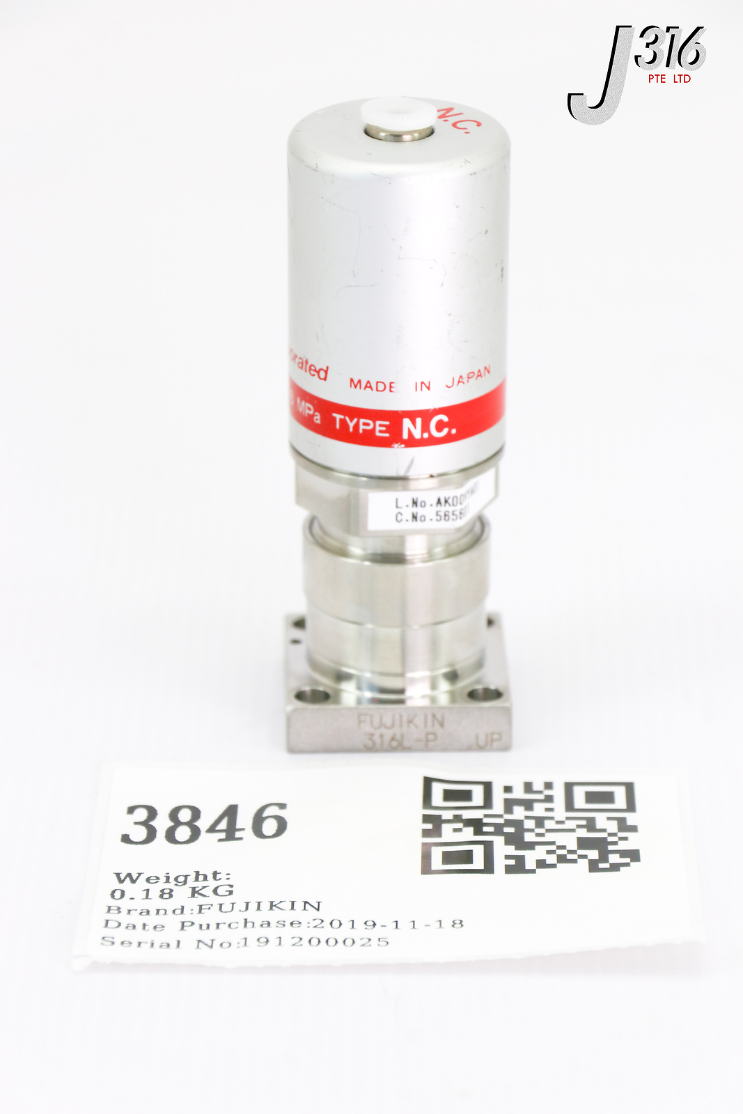 L3846 (LOT OF 30) FUJIKIN DIAPHRAGM VALVE, TYPE N.C., O.P. 0.5~0.6MPA 565601