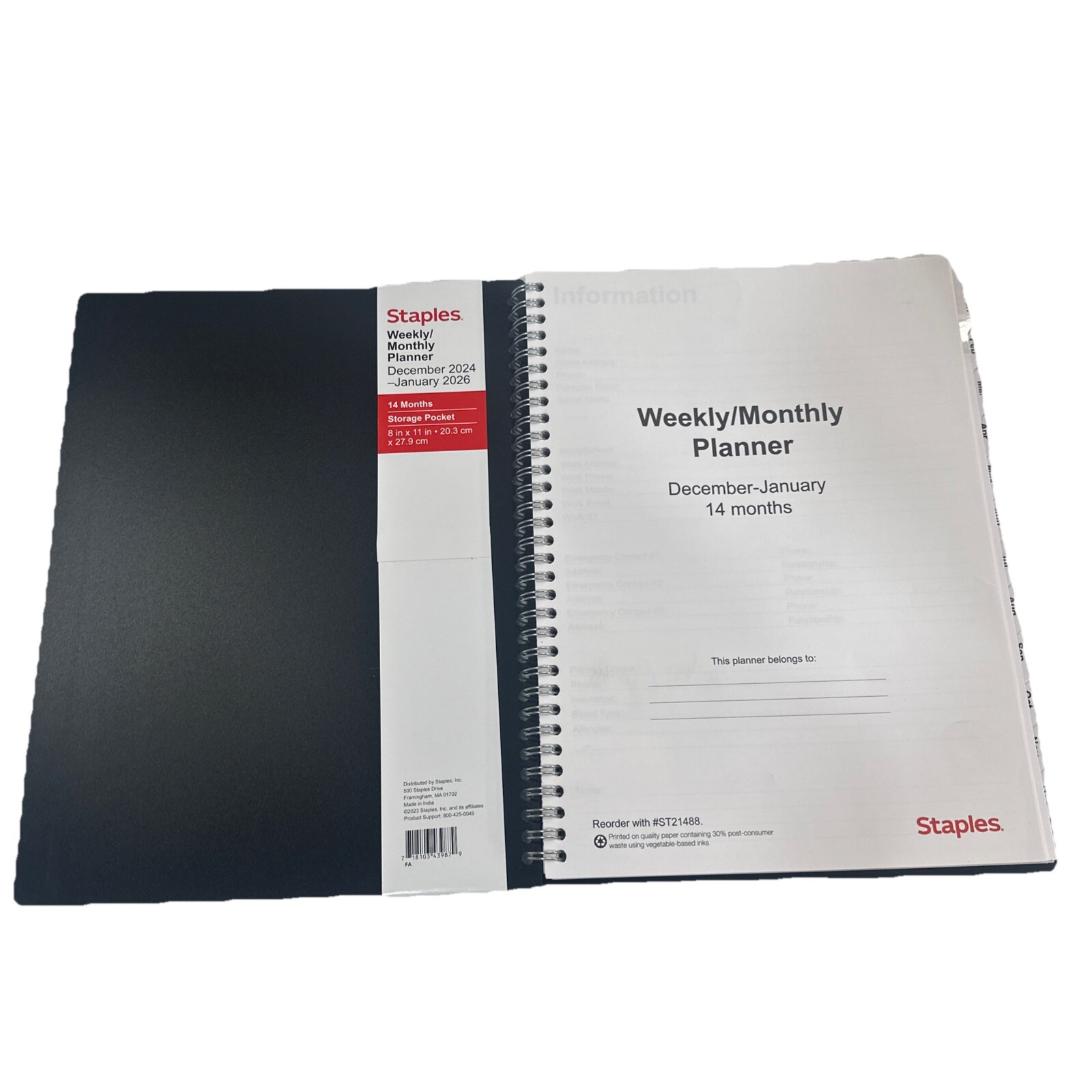 Staples Dec 24-jan 26 14 Month Planner 8.5″ x 11″ Weekly-Monthly Planner Black