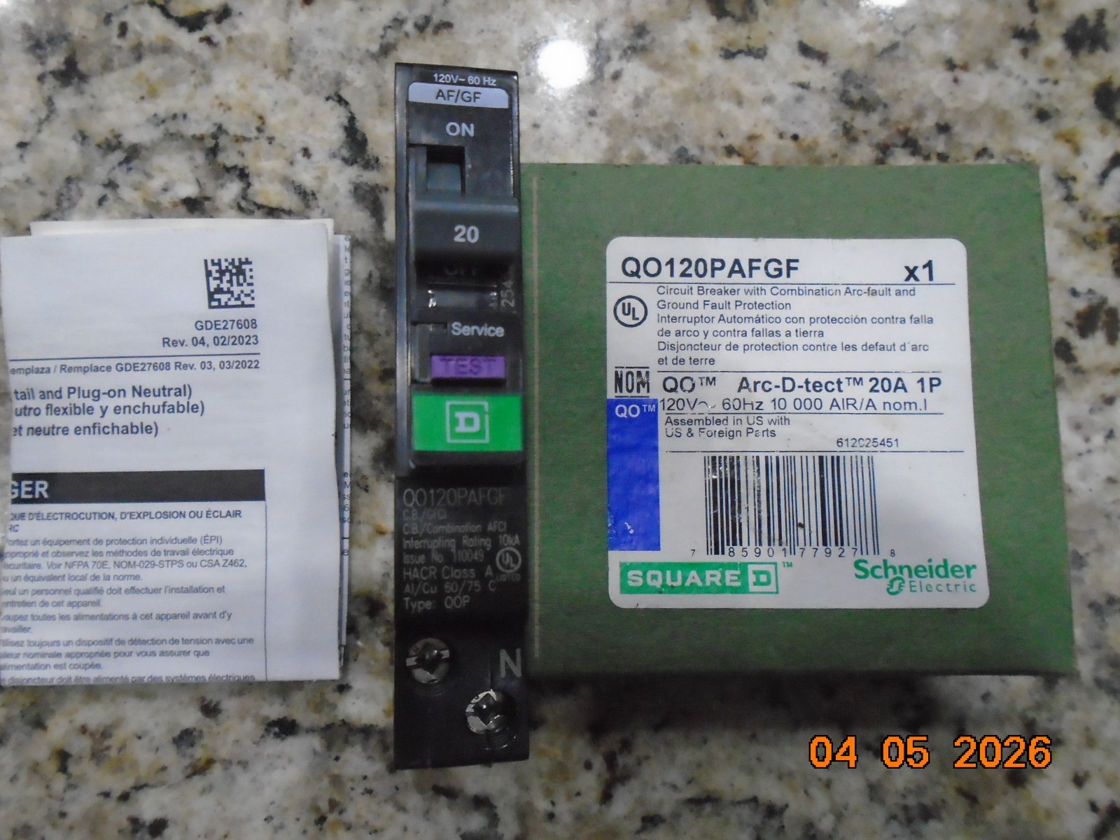 SQUARE D QO120PAFGF 20A DUAL FUNCTION COMBO ARC FAULT & GROUND FAULT BREAKER NEW