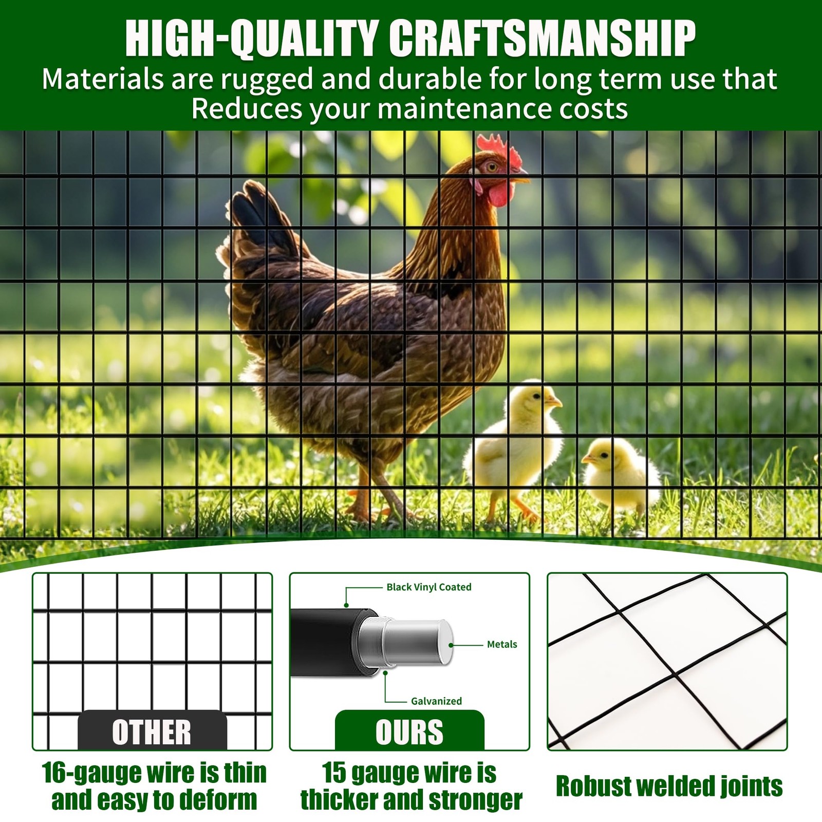 24 in x 50 ft Welded Wire Mesh Fence, 2 in × 3 in 15GA Black PVC Coated Garde…