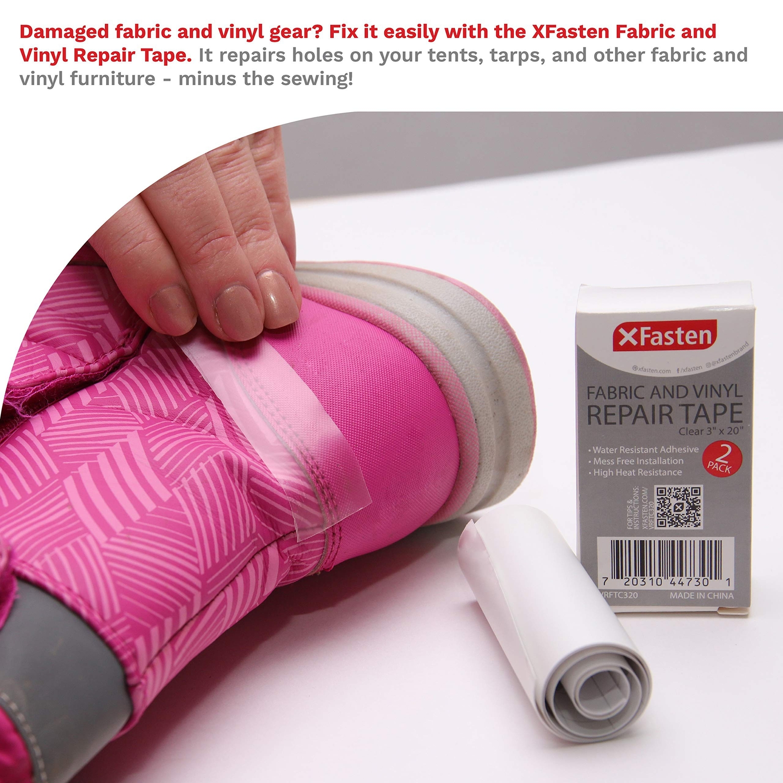 XFasten Fabric and Vinyl Repair Tape, Clear, 3-Inches by 20-Inches (2-Set)