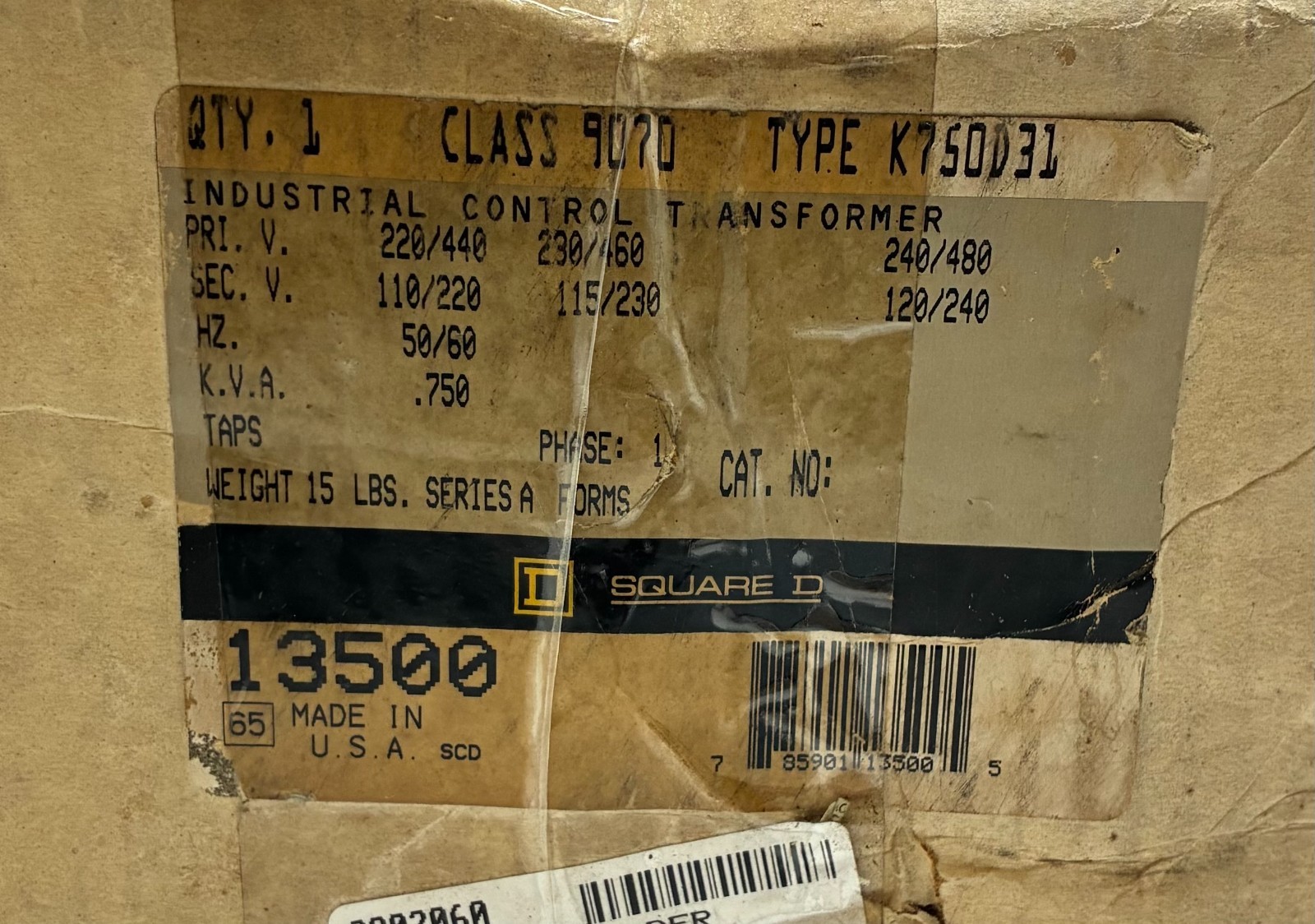 SQUARE D 9070 K750D31 INDUSTRIAL CONTROL TRANSFORMER 110/220V 50/60HZ