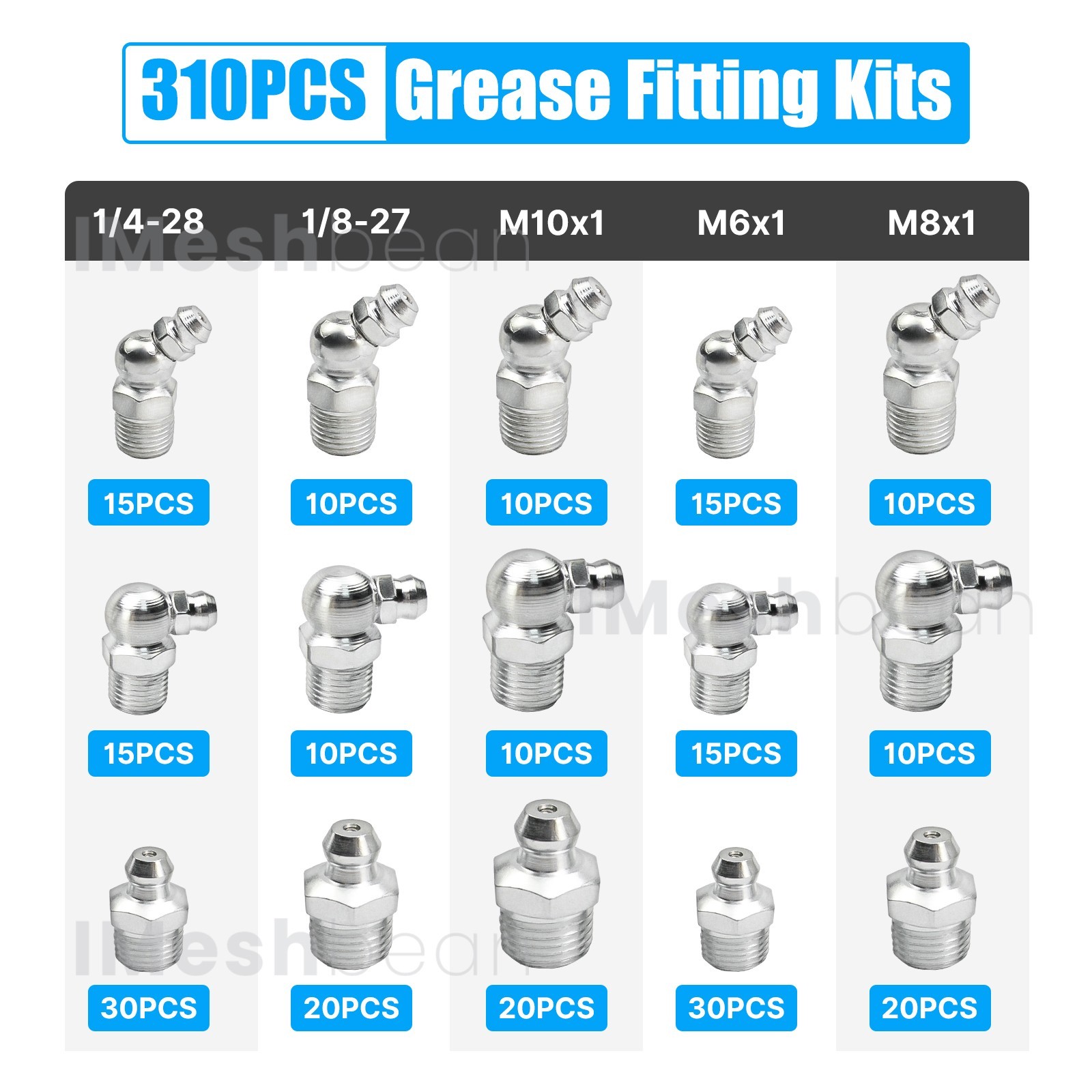 310pcs Metric & SAE Hydraulic Grease Fittings Grease Nipple Assortment Kit w/Box