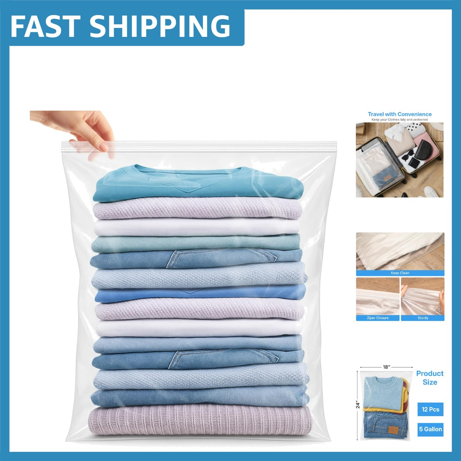 18×24 Inch Heavy-Duty Clear Storage Bags, Moisture-Proof & Odor-Free, 12 Count