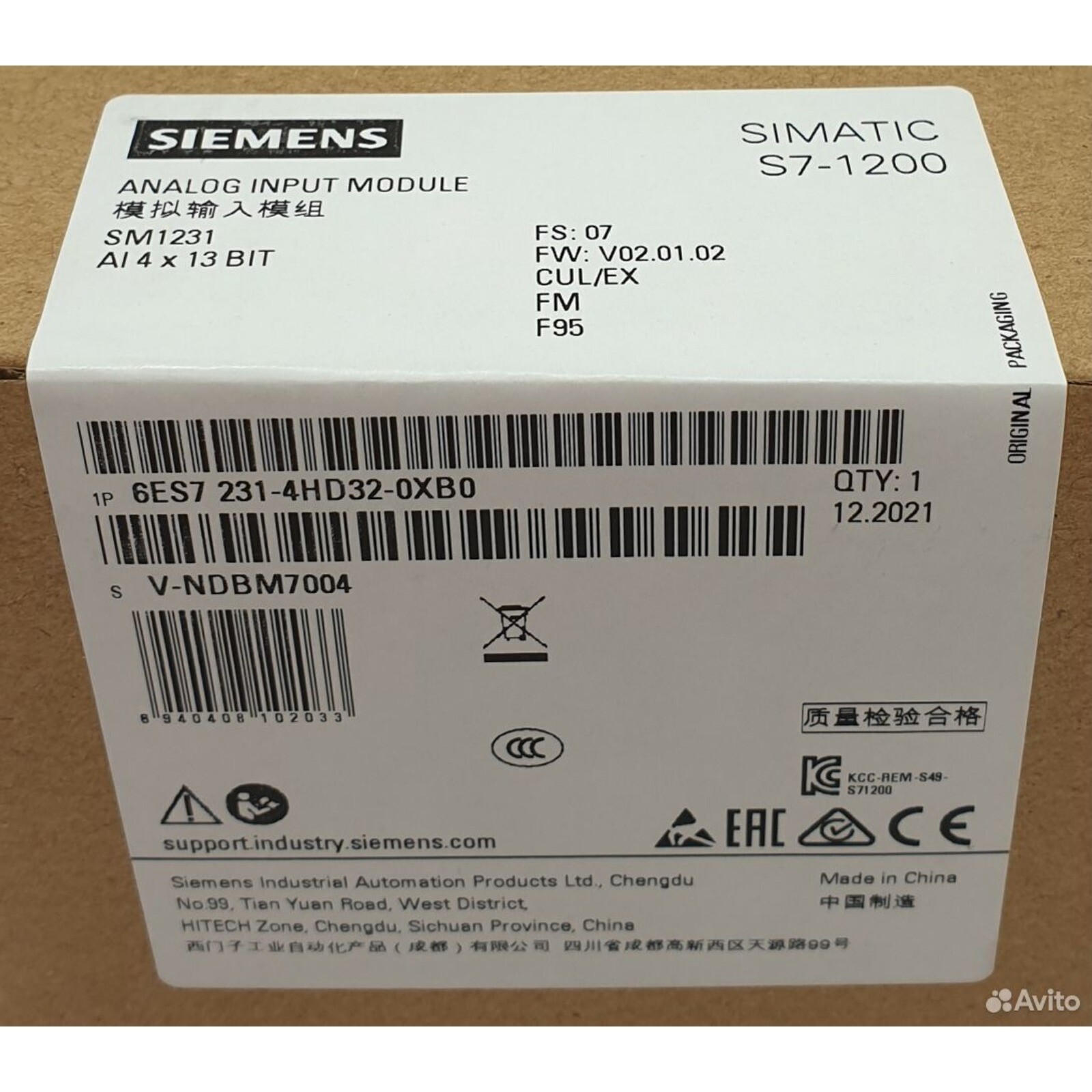 New Siemens 6ES7 231-4HD32-0XB0 6ES7231-4HD32-0XB0 S7-1200 Analog input SM 1231