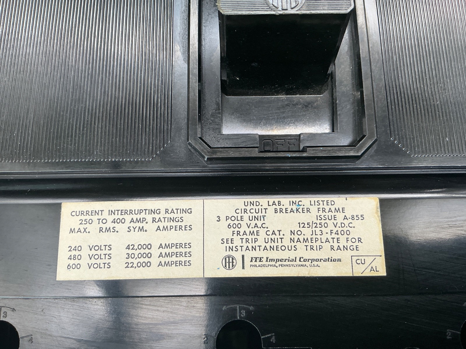 ITE JL3-F400 Circuit Breaker 3-Pole, 600v, 400a