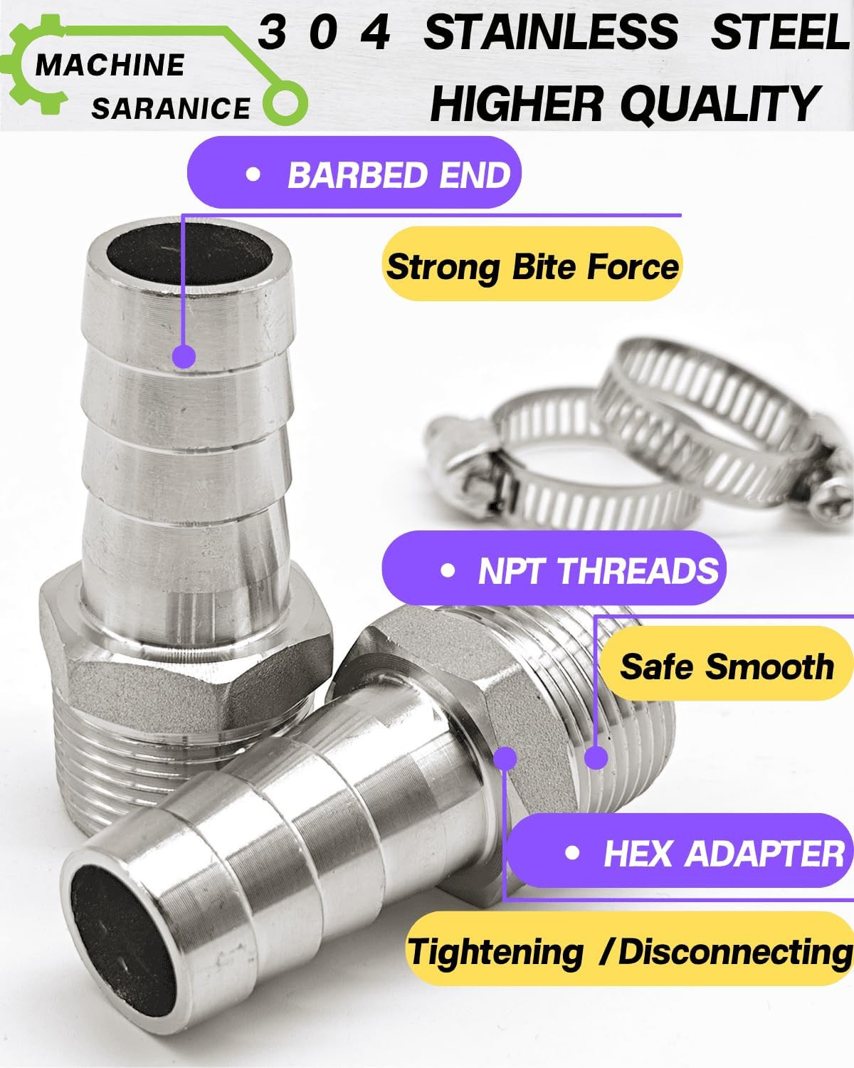 3/4″ Barb x 3/4″ NPT Male Stainless Steel Barbed Hose Fitting,Leak-Proof Connect