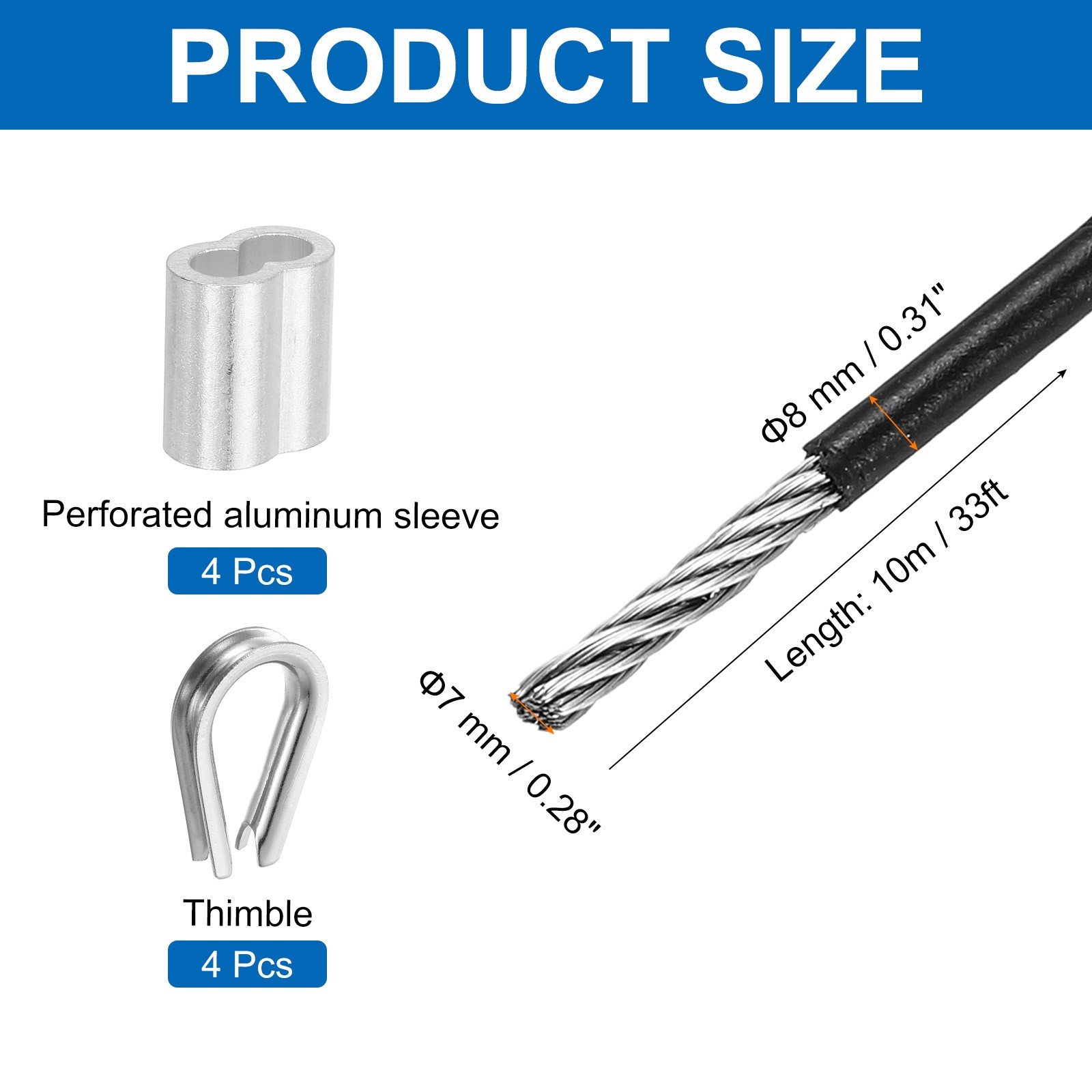 33Ft(10M) Wire Rope Stainless Steel Cable 5/16″ 4pcs Sleeves & Thimble Black