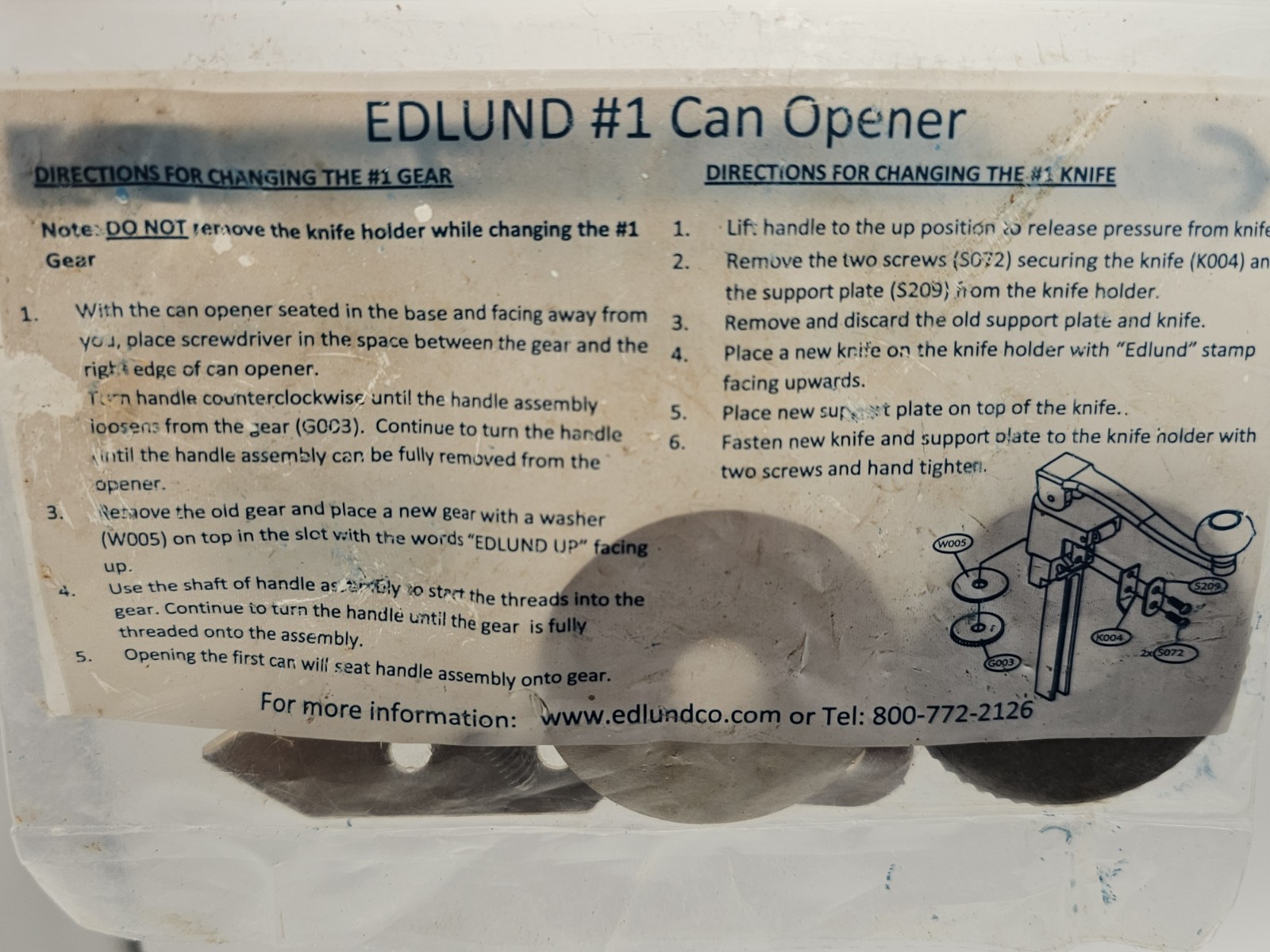 Edlund KT1100 #1 Can Opener Replacement Parts Kit Genuine OEM Gear Knife NEW