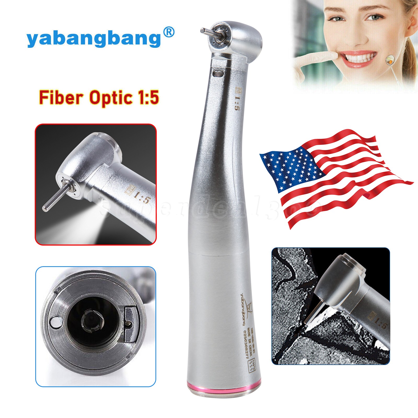 Yabangbang Dental Electric Handpiece 1:5 Contra Angle LED Optic High Speed 1-10