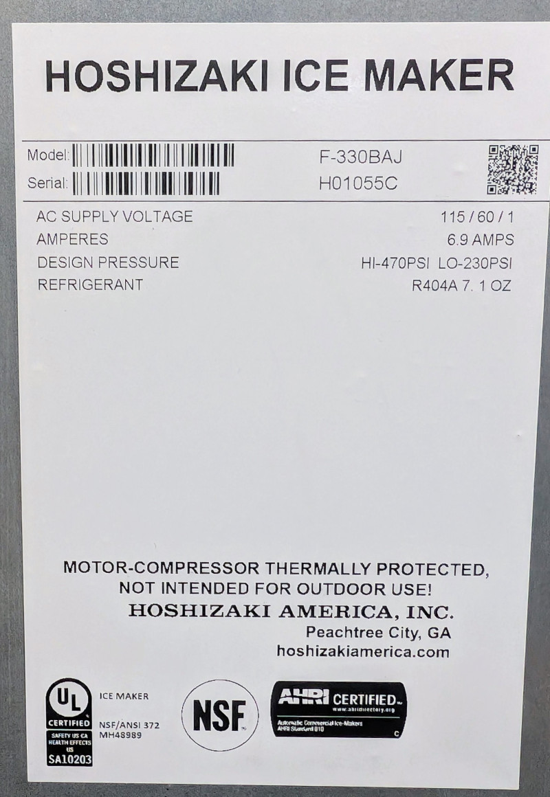 Hoshizaki F-330BAJ Flaker Ice Maker, Air-Cooled, Built in Storage Bin