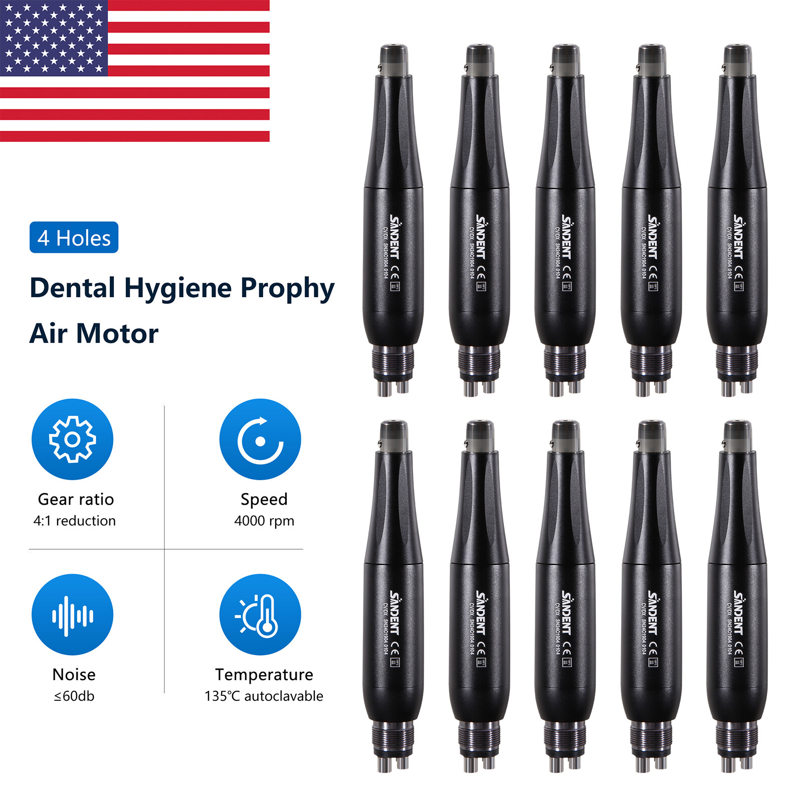 Dental Hygiene Prophy Handpiece Mini 4:1 Straight Nose Cone HP Air Motor 4Hole