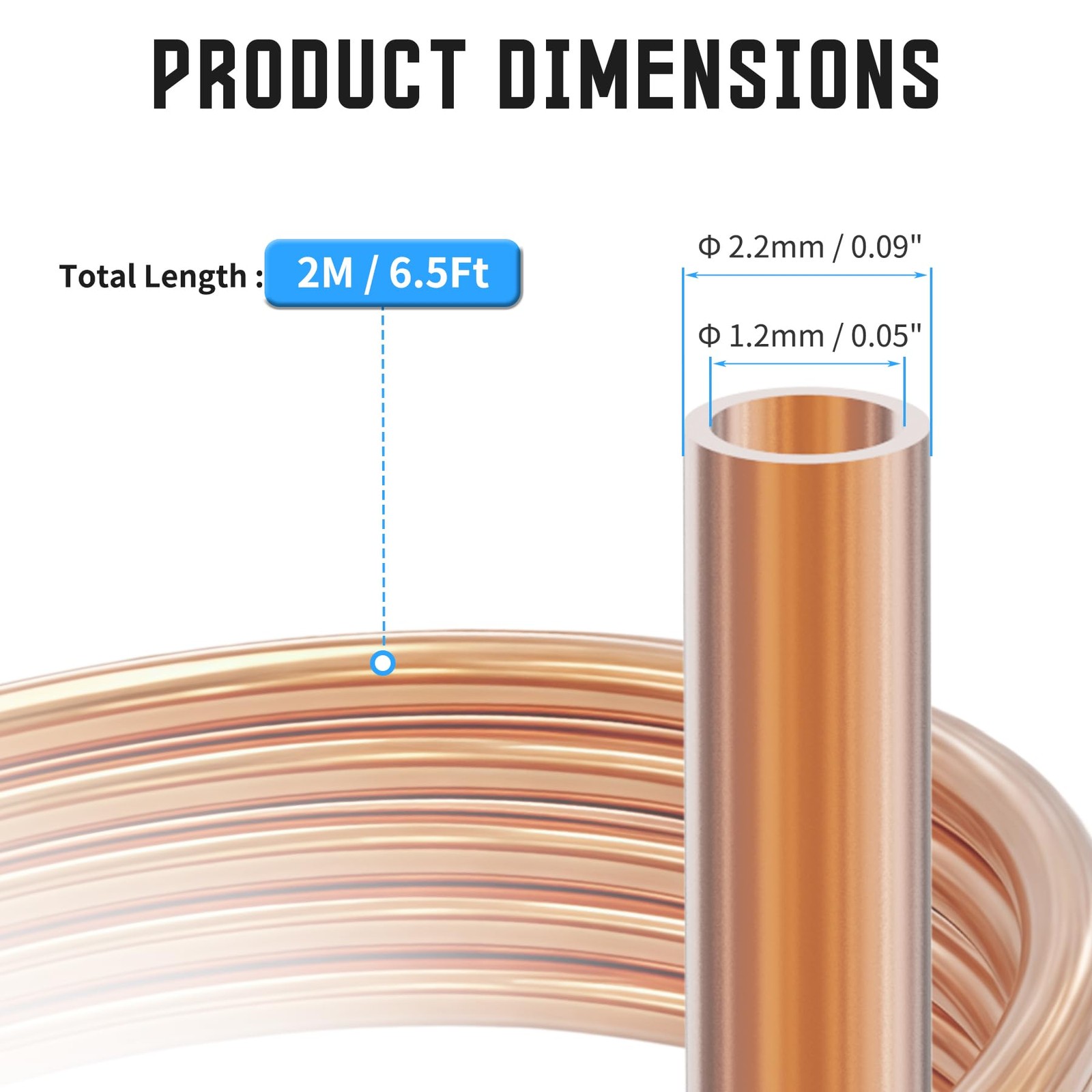 6.5 Ft Pure Copper Tubing 2.2mm OD x 1.2mm ID, Wall Thinkness: 0.5mm 99.9% C1…