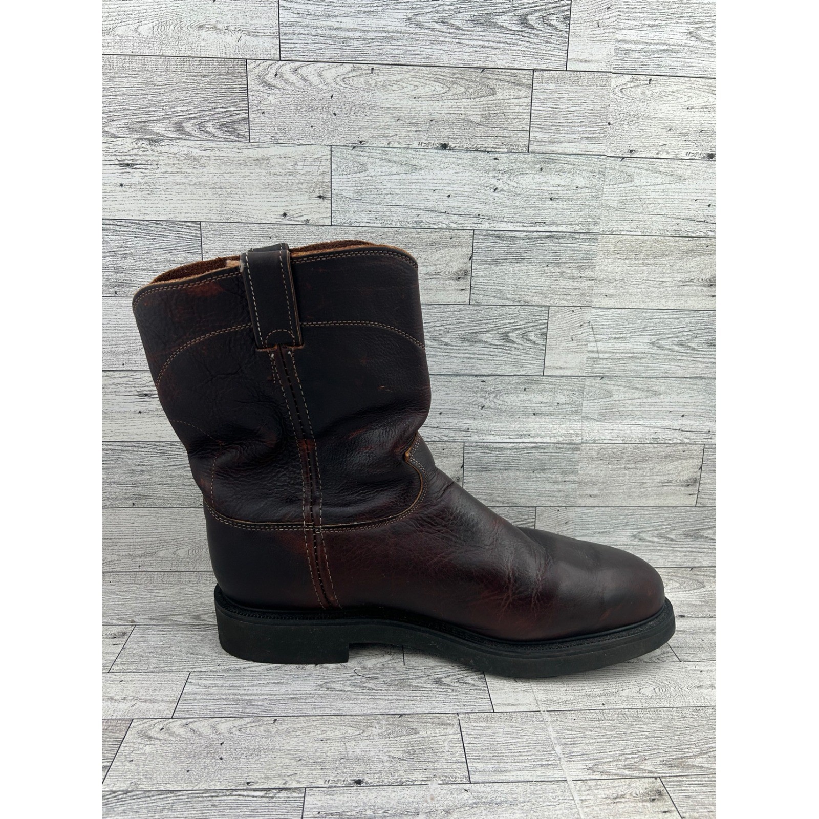 Justin Dark Brown Leather Work Boots Pull On Roper Round Toe Oil Resist Men 12D