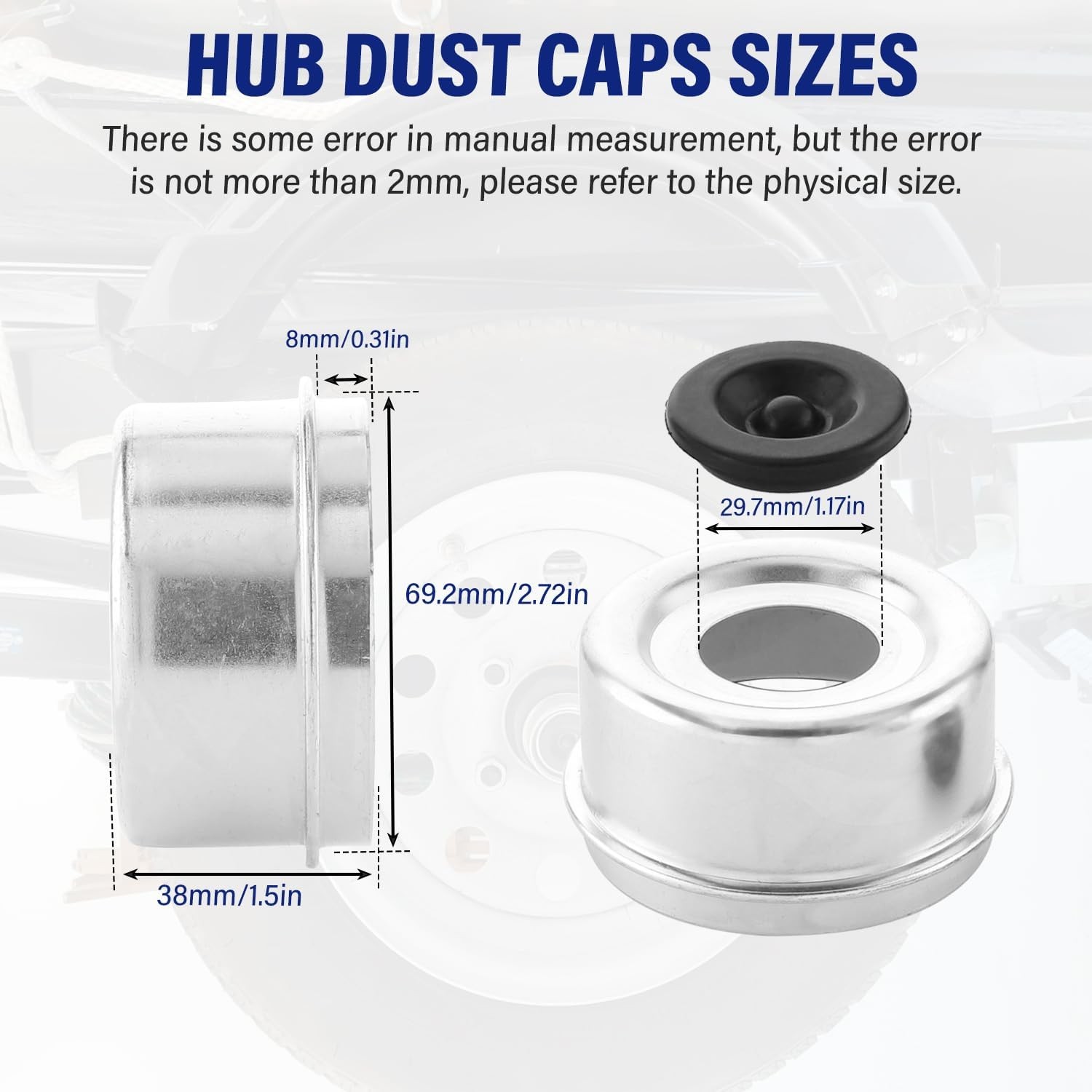 4 PCS 2.72” Trailer Hub Dust Cap Axle Grease Cap with 8 Rubber 2.72 in/ 69 mm