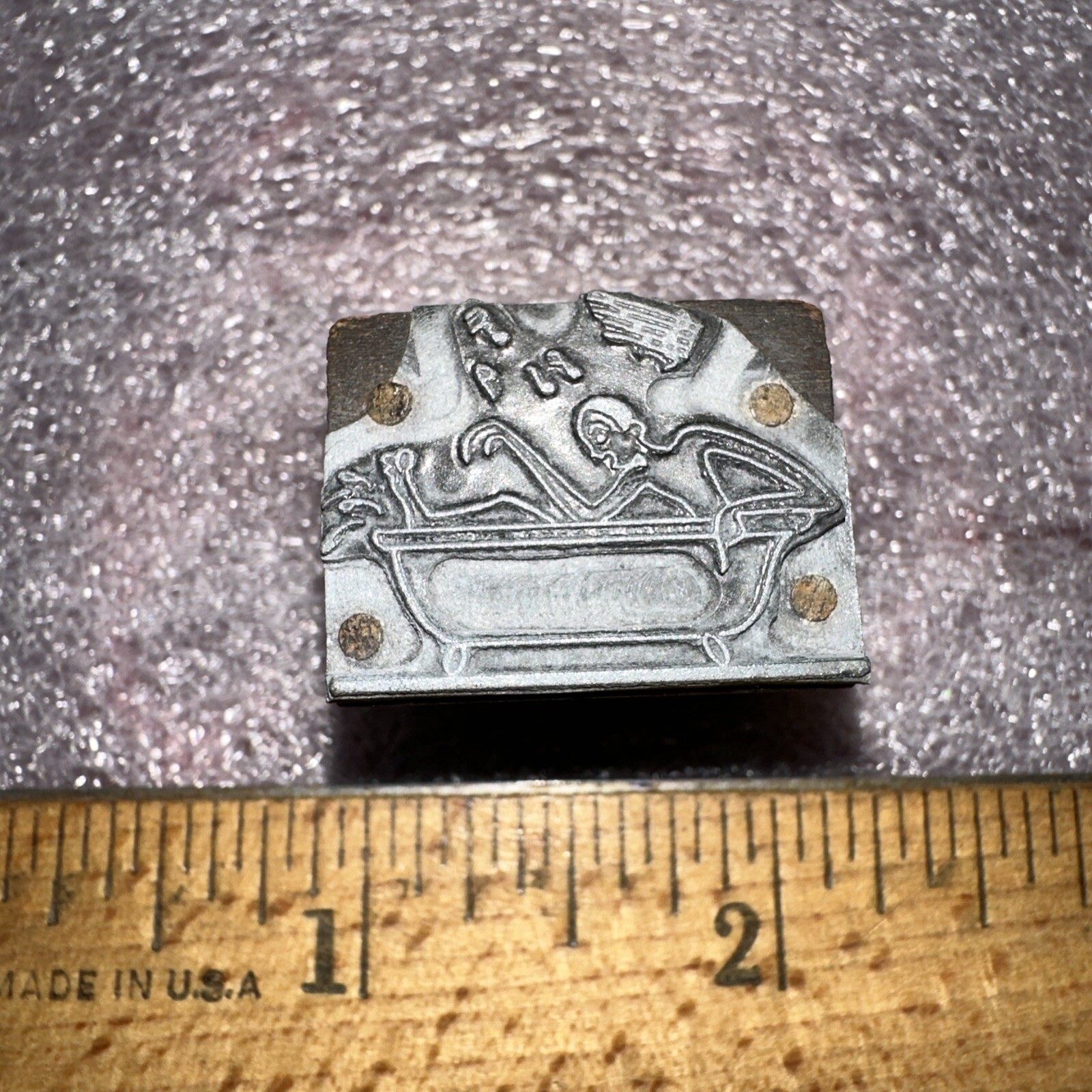Printing Block “ Man in Bathtub “ Musical Notes, Splashing Water.