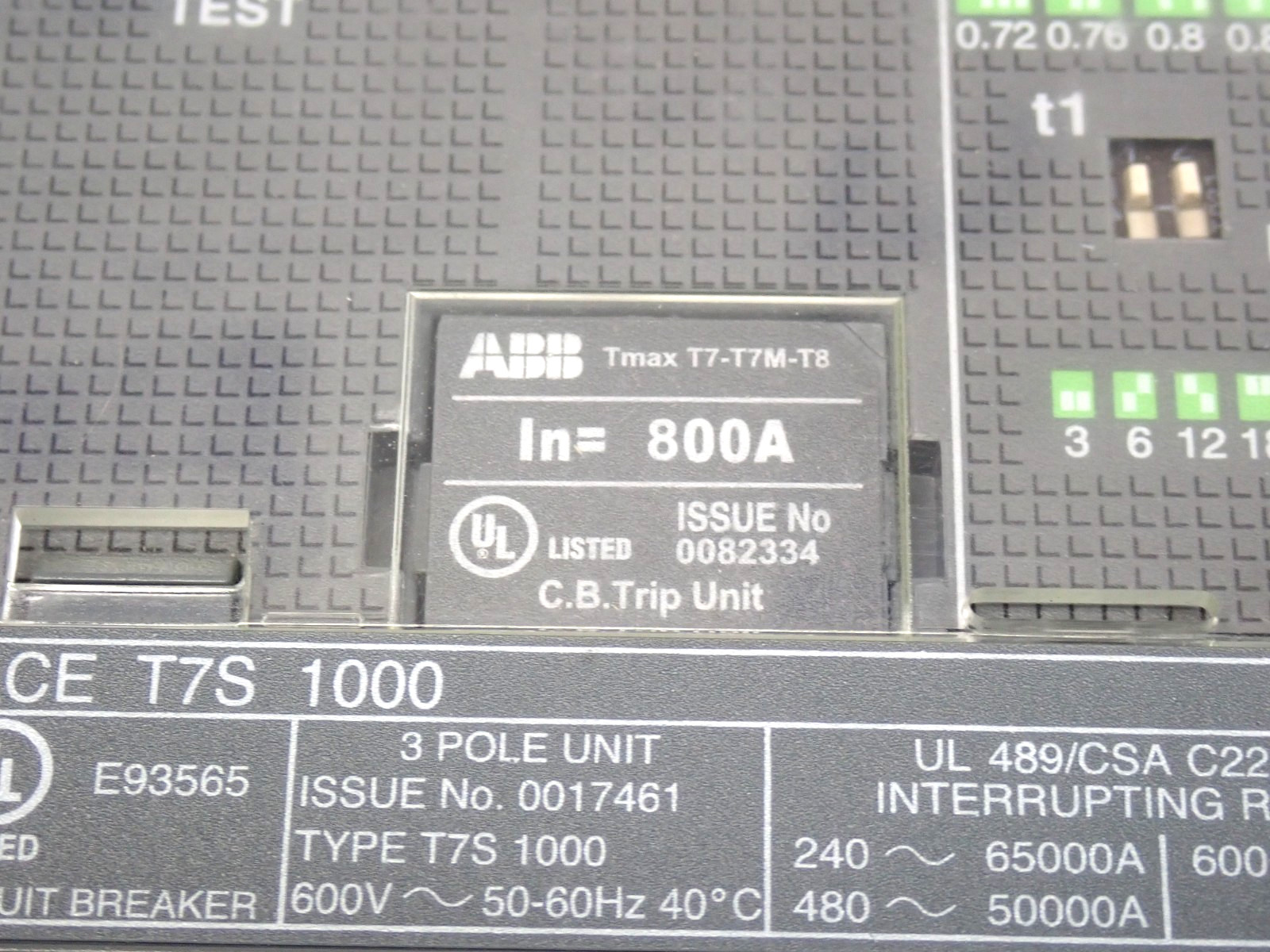 ABB T7S1000 T7S800 1000A 600V Frame Breaker 800A Rating Plug PR232/P LSI Trip