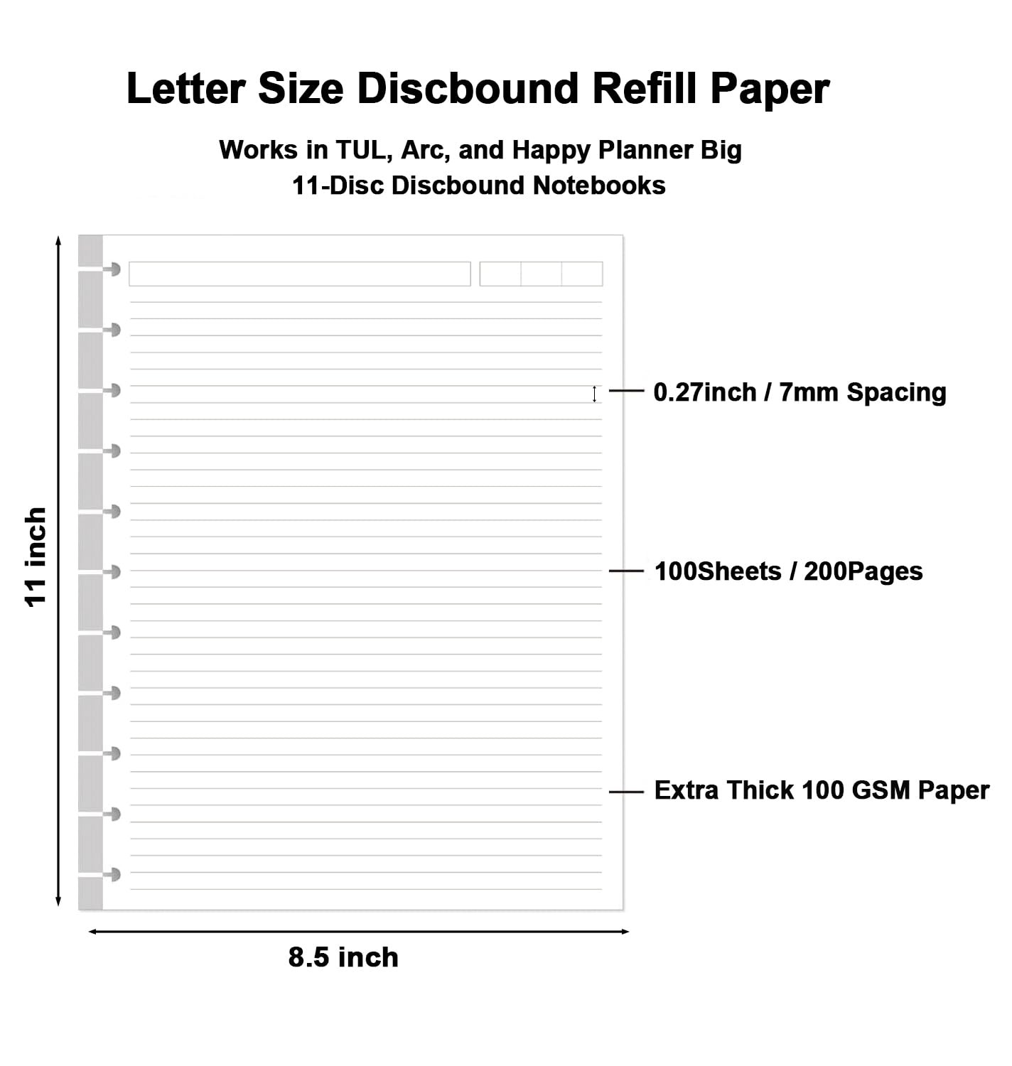 A4 TUL Discbound Lined Refill Paper, 11Hole Letter Size 100Sheets, White