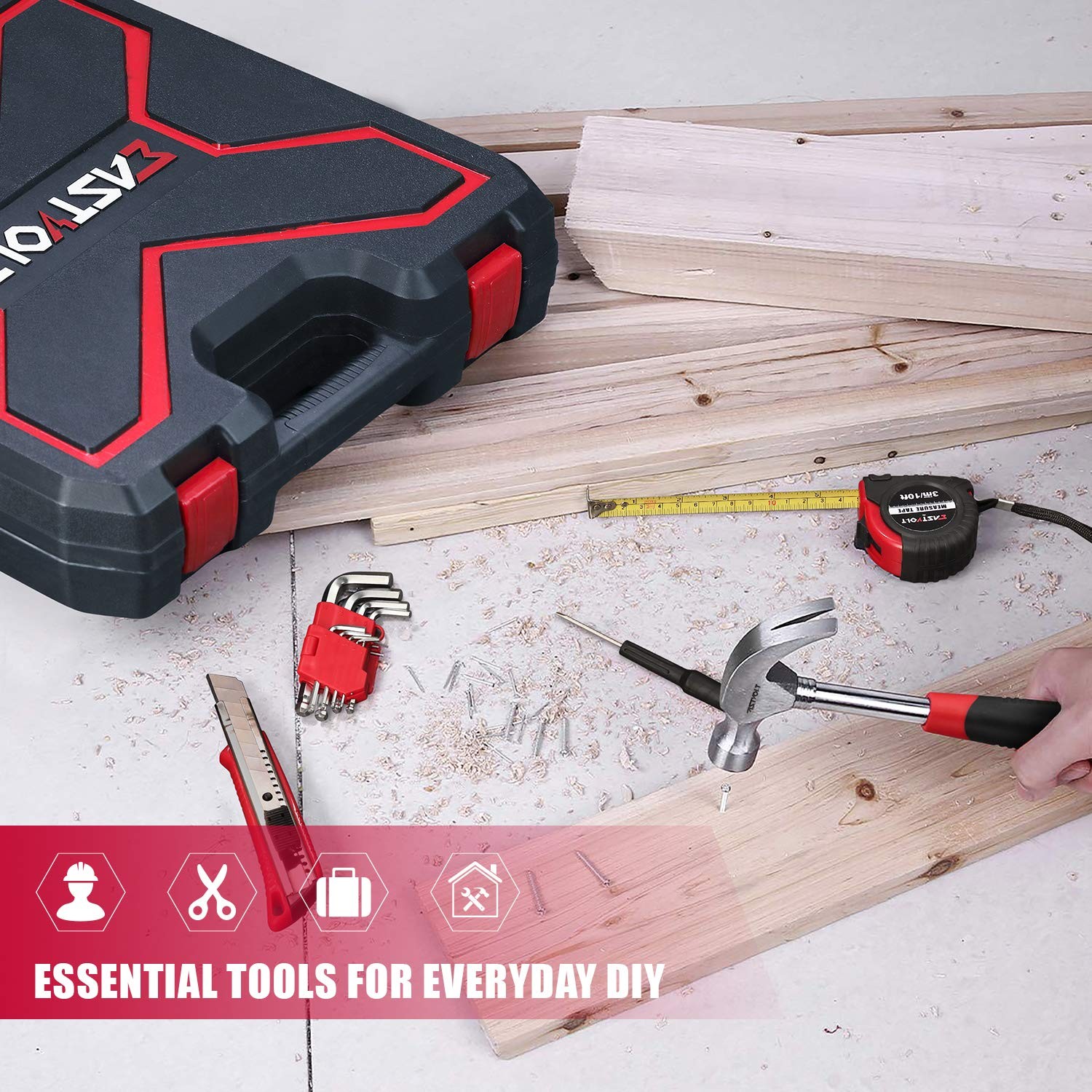 Eastvolt 218PC Household Tool Kit Home Repair Mechanic Toolbox Set Black Red