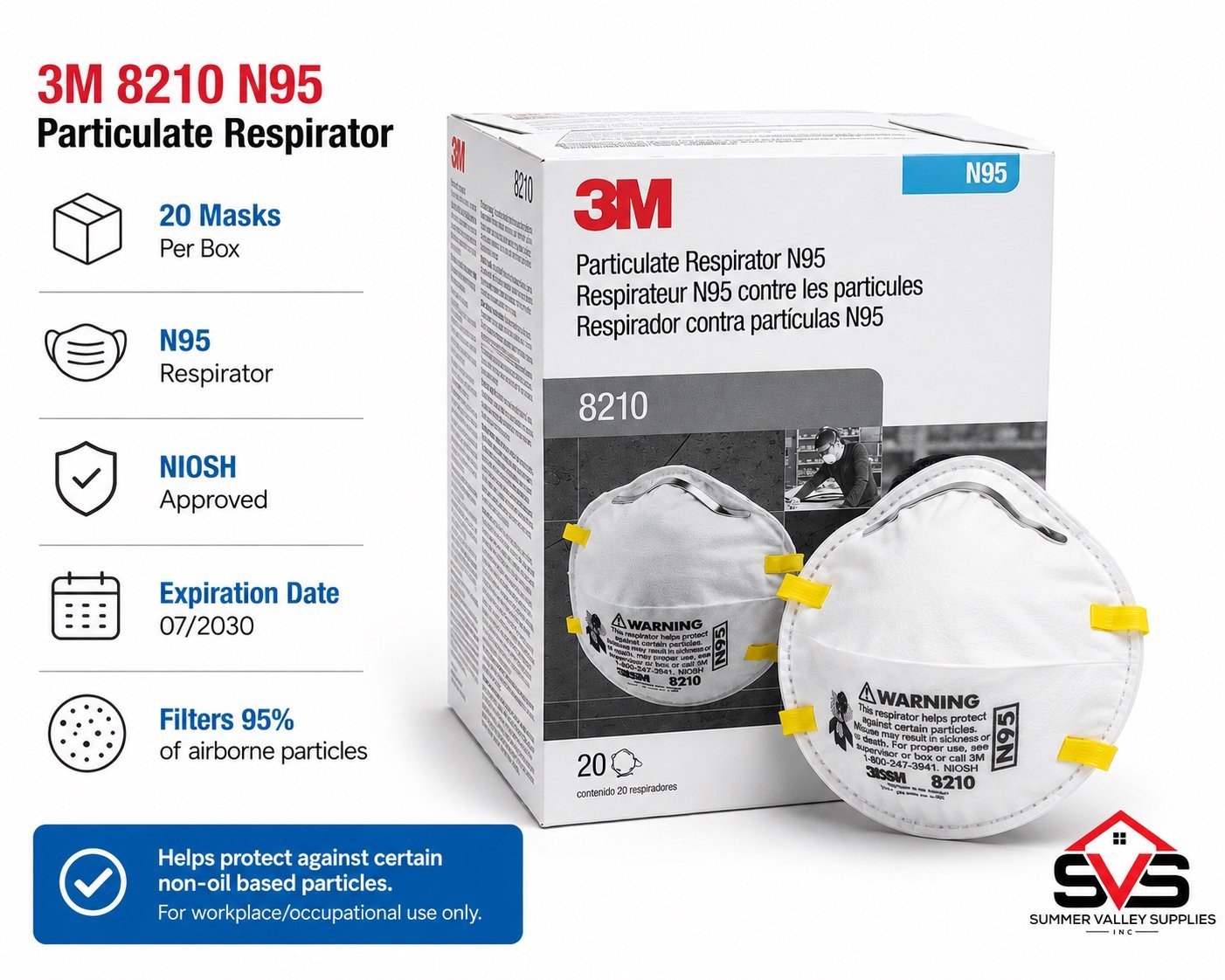 3M 8210 N95 Particulate Respirator, 20 Masks Per Box, BRAND NEW EXP. 07/2030